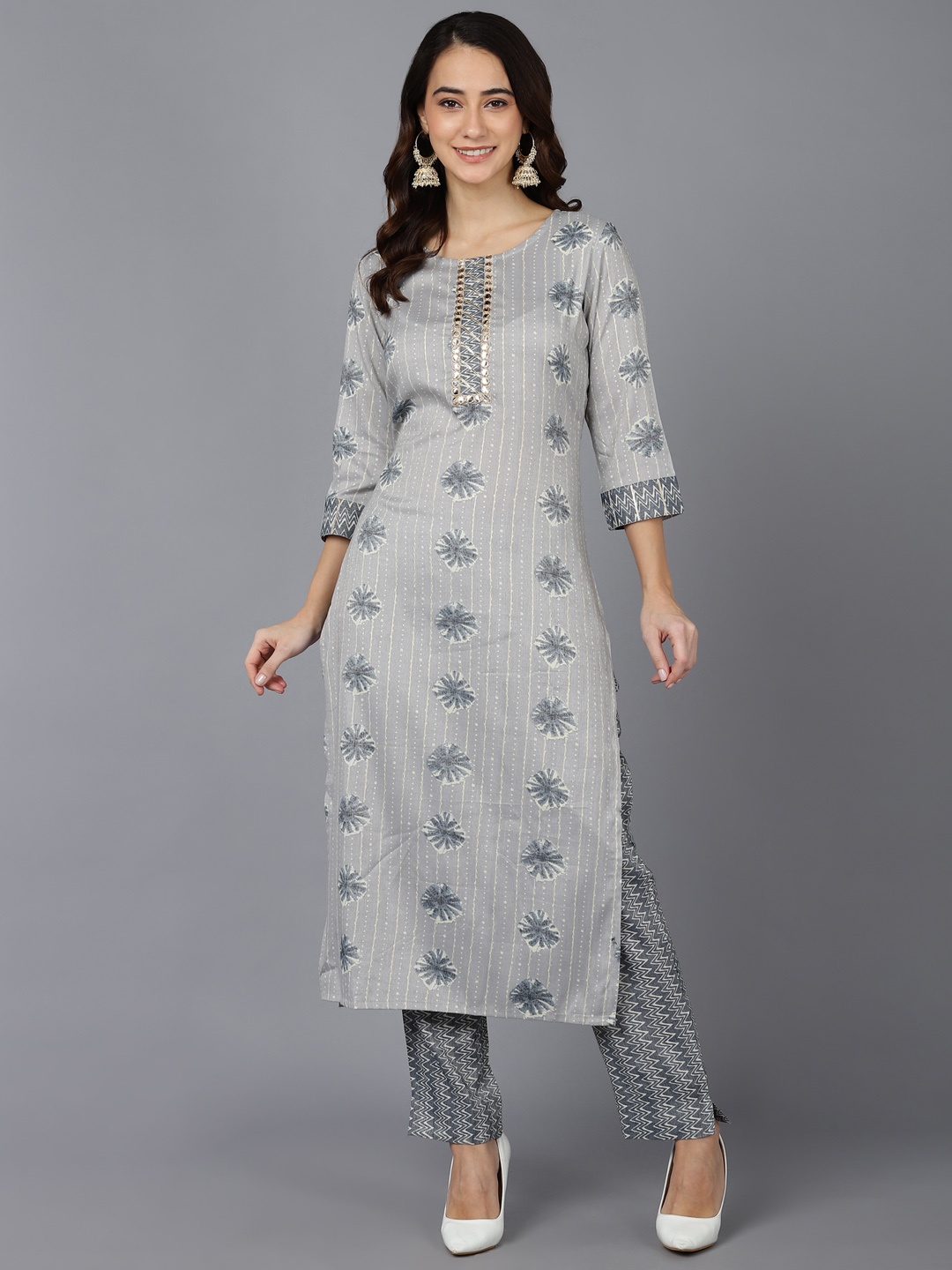 

KALINI Ethnic Motifs Printed Round Neck Straight Kurta with Trousers, Grey