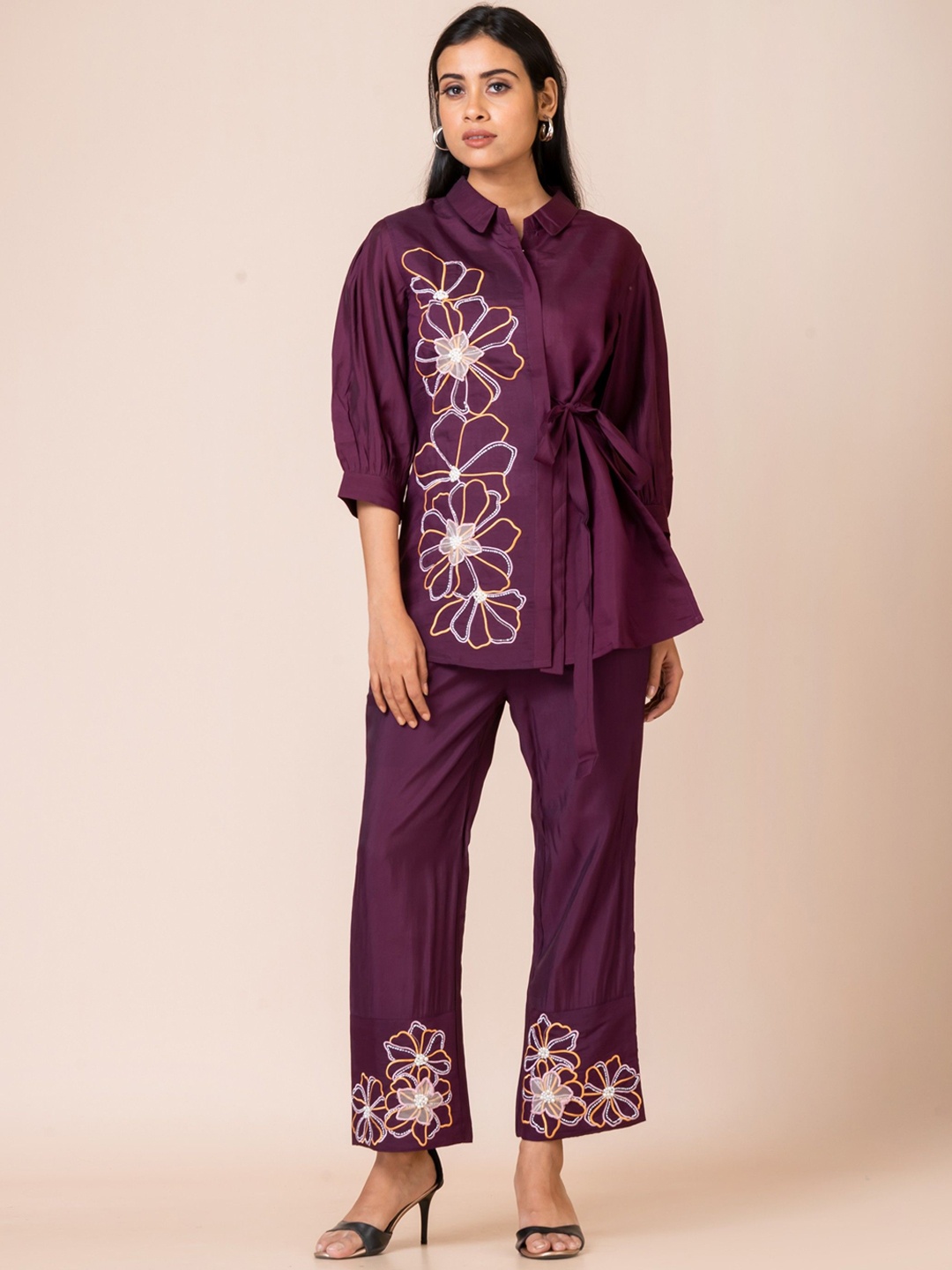 

SARSO Floral Embroidered Shirt Collar Tunic With Palazzos, Purple