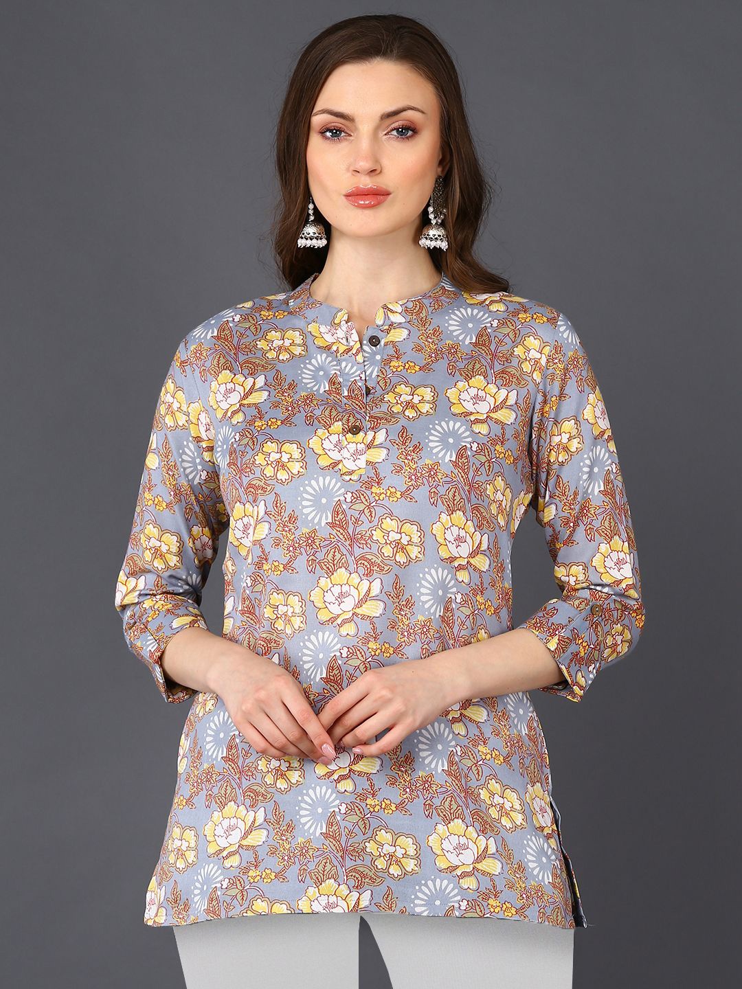 

KALINI Floral Printed Mandarin Collar Top, Grey