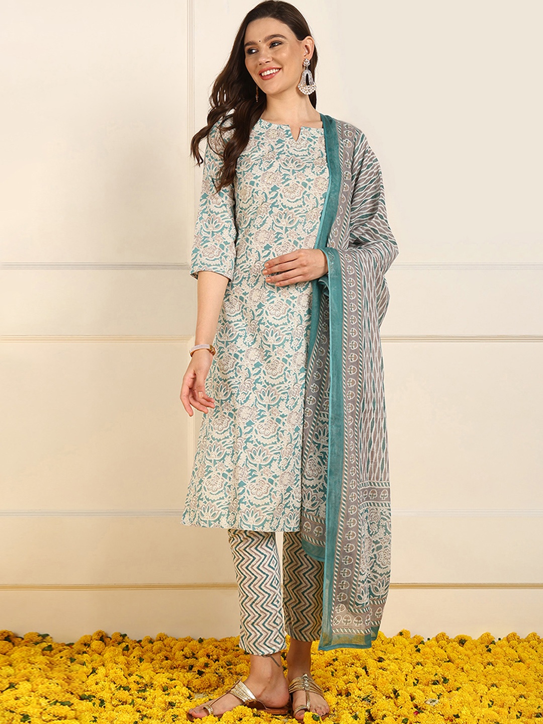 

KALINI Floral Printed Regular Pure Cotton Straight Kurta with Trousers & Dupatta, Teal