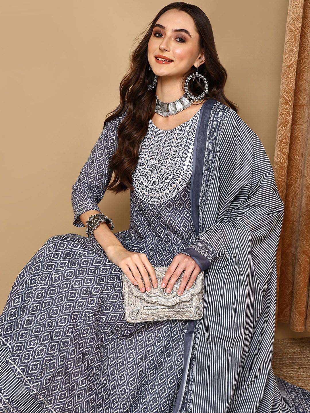 

KALINI Printed Empire Mirror Work Kurta with Trousers & Dupatta, Grey