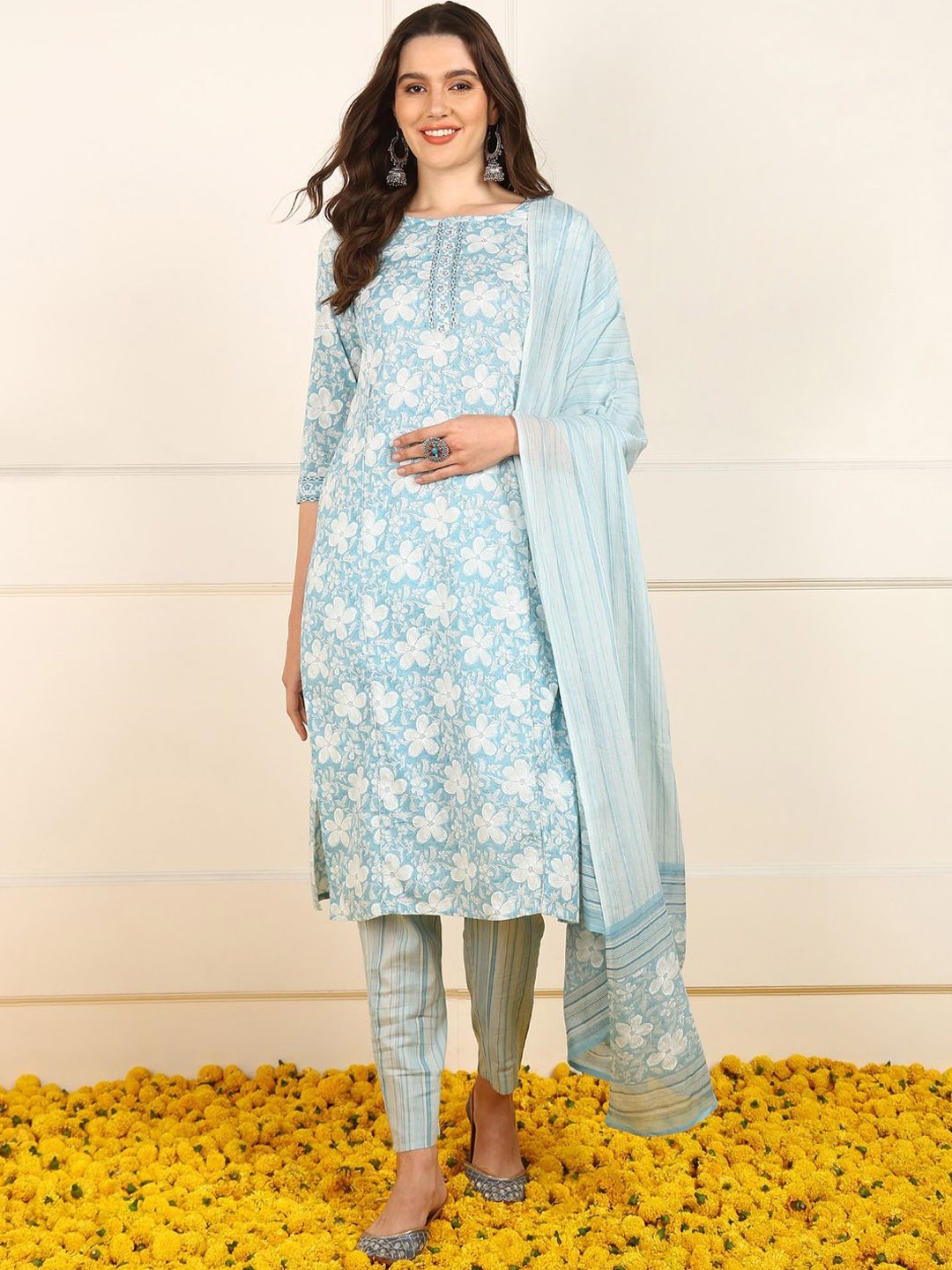 

KALINI Floral Printed Regular Pure Cotton Kurta with Trousers & Dupatta, Blue