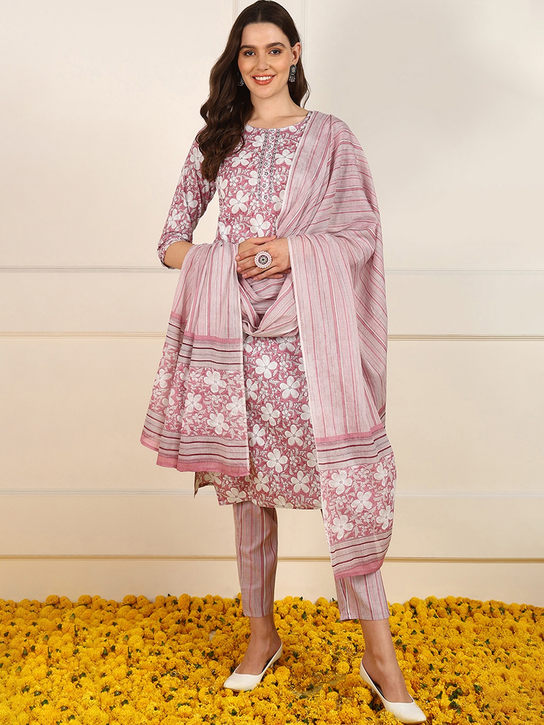 

KALINI Floral Printed Regular Gotta Patti Pure Cotton Kurta With Trousers & Dupatta, Pink