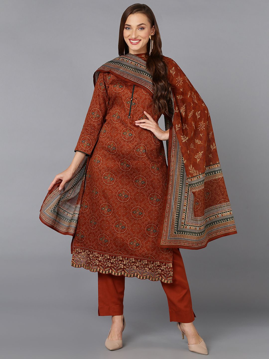 

KALINI Bandhani Printed Round Neck Straight Kurta with Trousers & With Dupatta, Rust