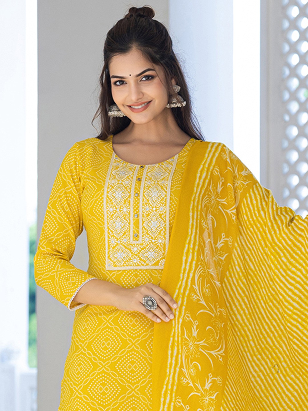 

KALINI Bandhani Printed Regular Mirror Work Kurta With Trousers & Dupatta, Yellow