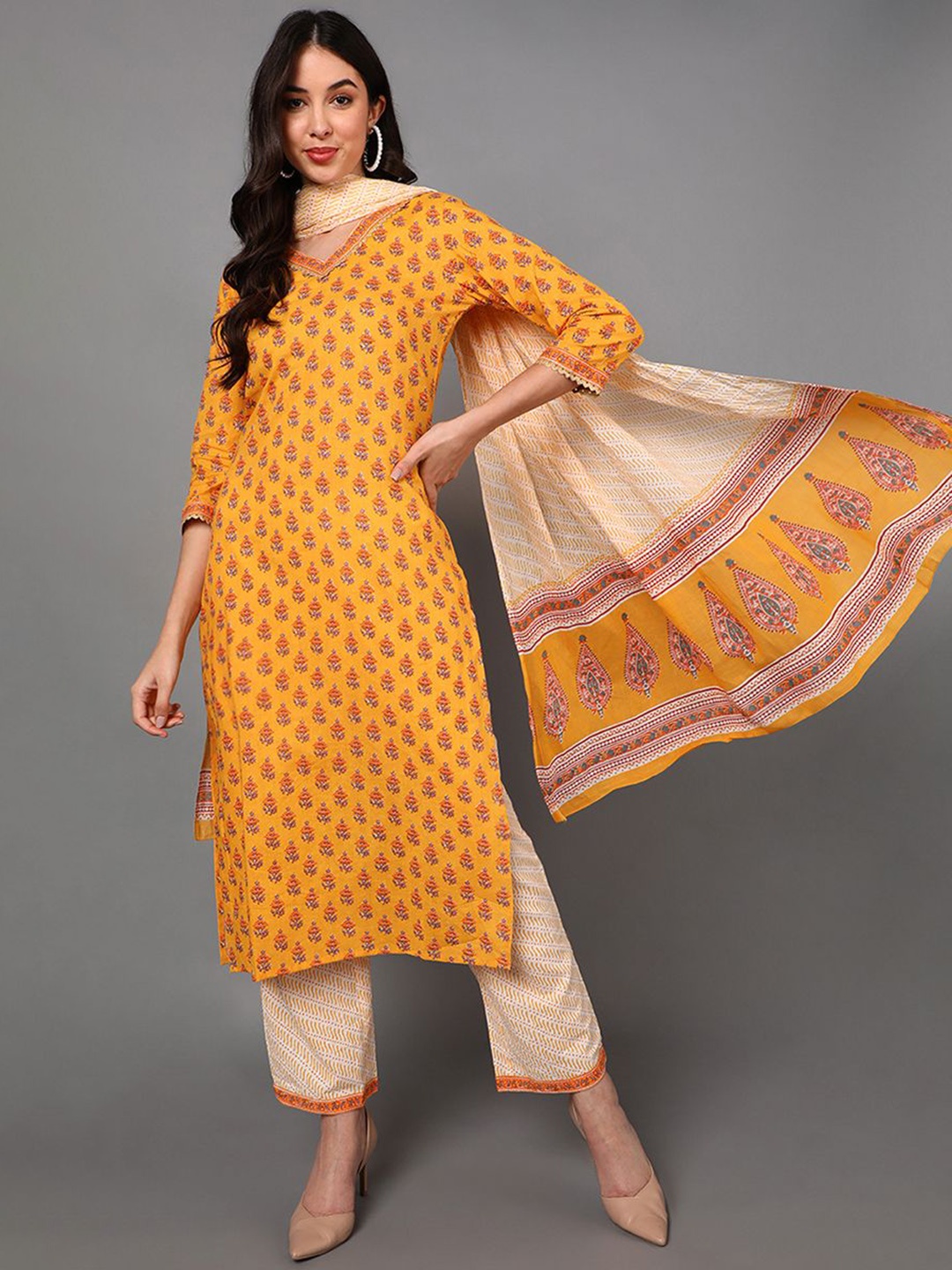 

KALINI Floral Printed Regular Pure Cotton Kurta With Trousers & Dupatta, Yellow