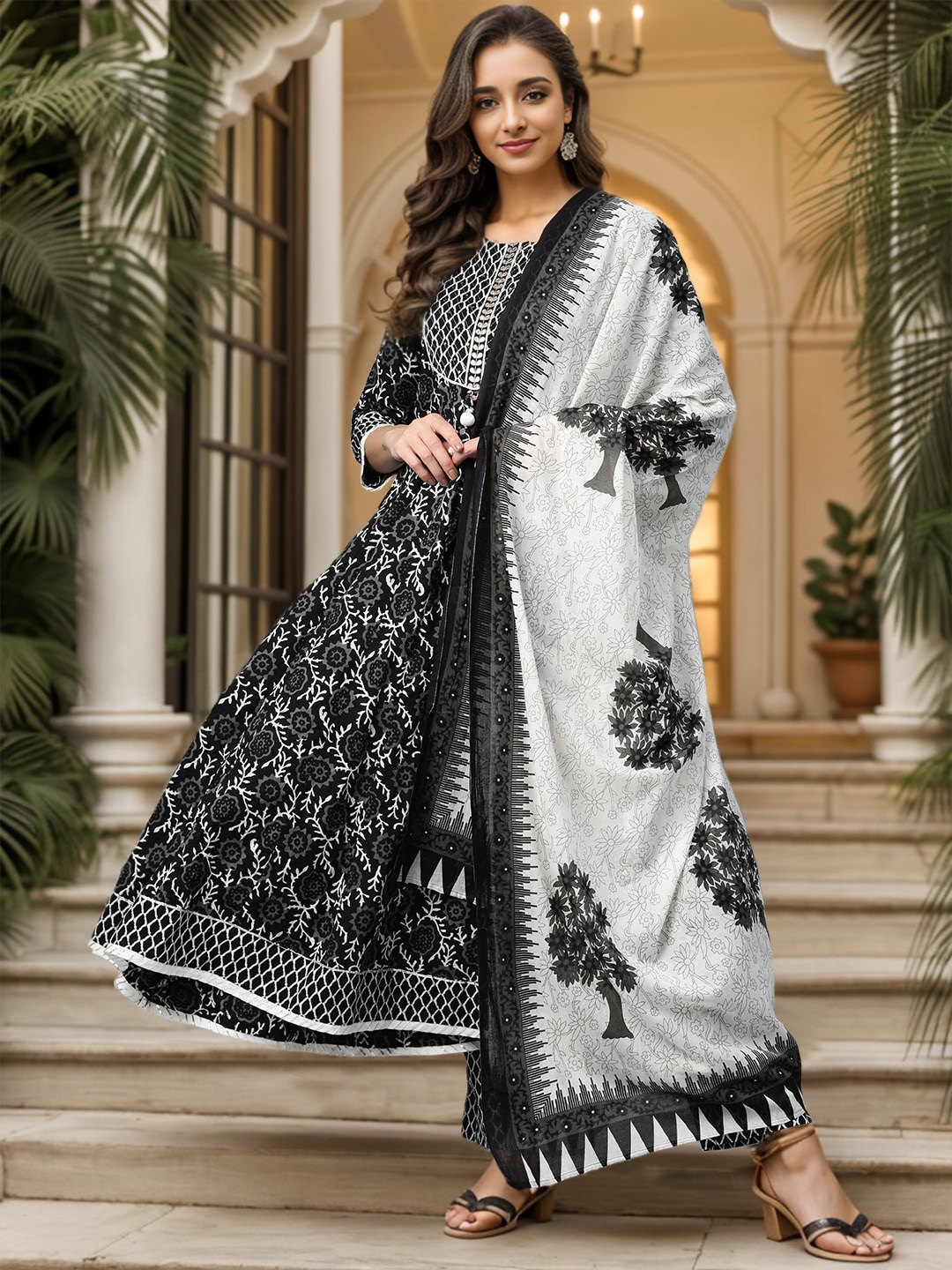 

KALINI Floral Printed Round Neck Anarkali Kurta with Trousers & With Dupatta, Black