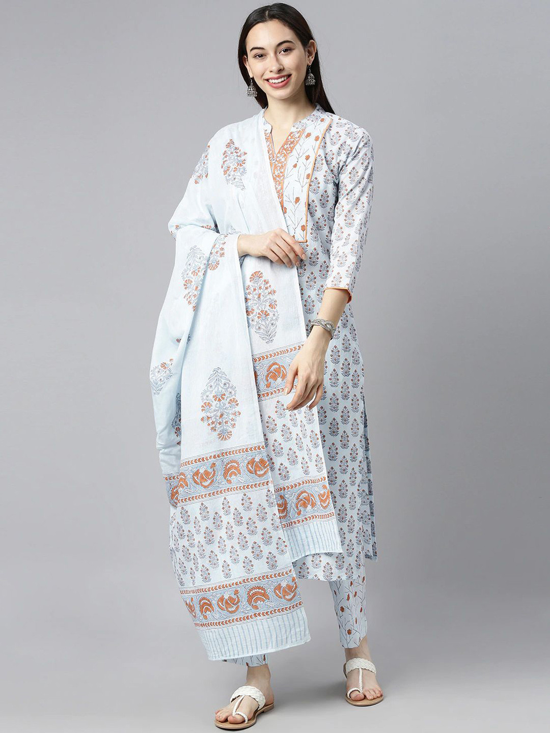 

KALINI Ethnic Motifs Printed Band Collar Pure Cotton Kurta with Trousers & Dupatta, Blue