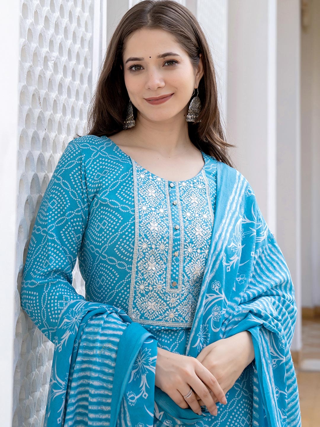 

KALINI Bandhani Printed Regular Mirror Work Kurta With Trousers & Dupatta, Blue