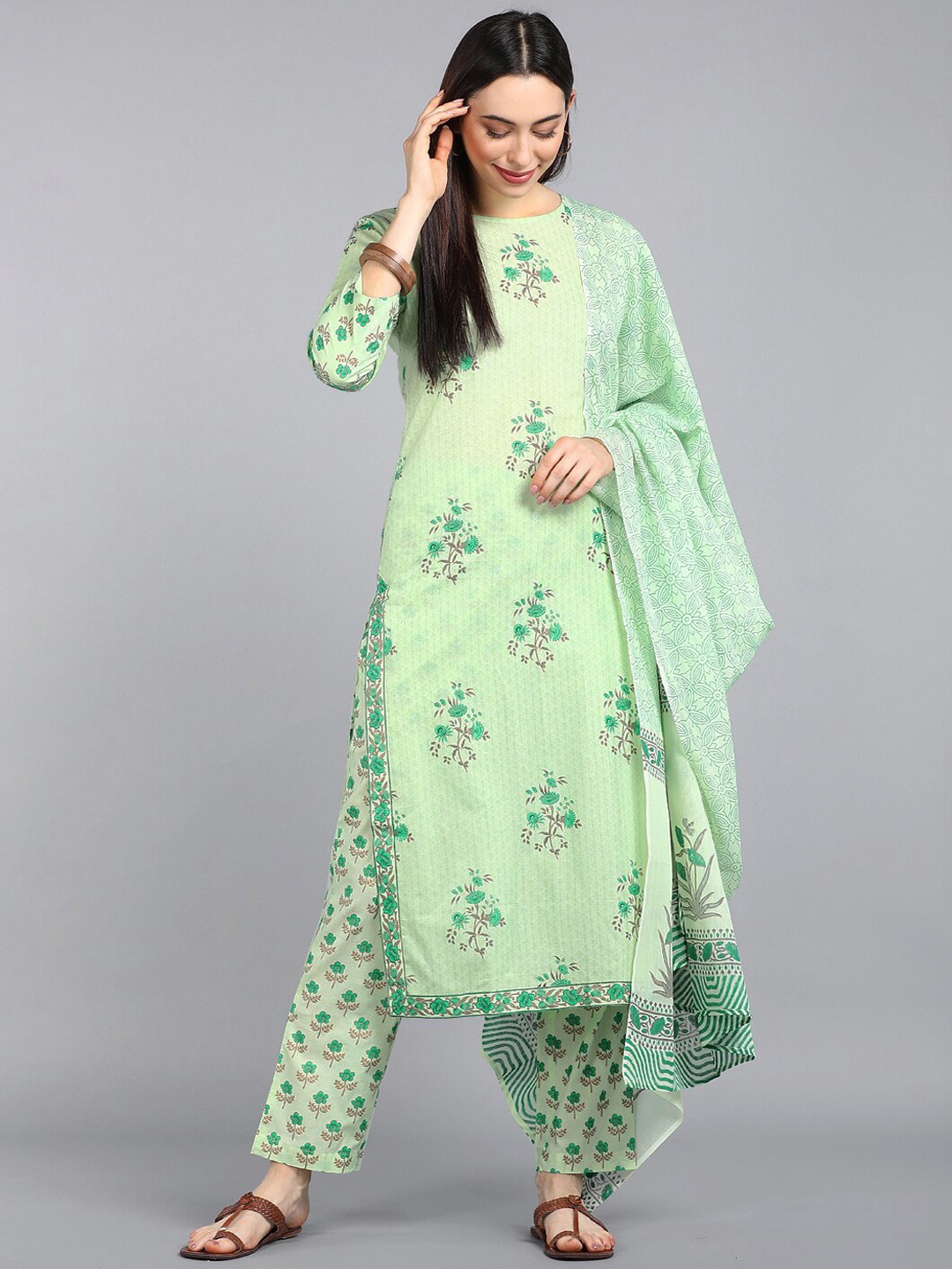 

KALINI Floral Printed Regular Pure Cotton Kurta With Trousers & Dupatta, Green