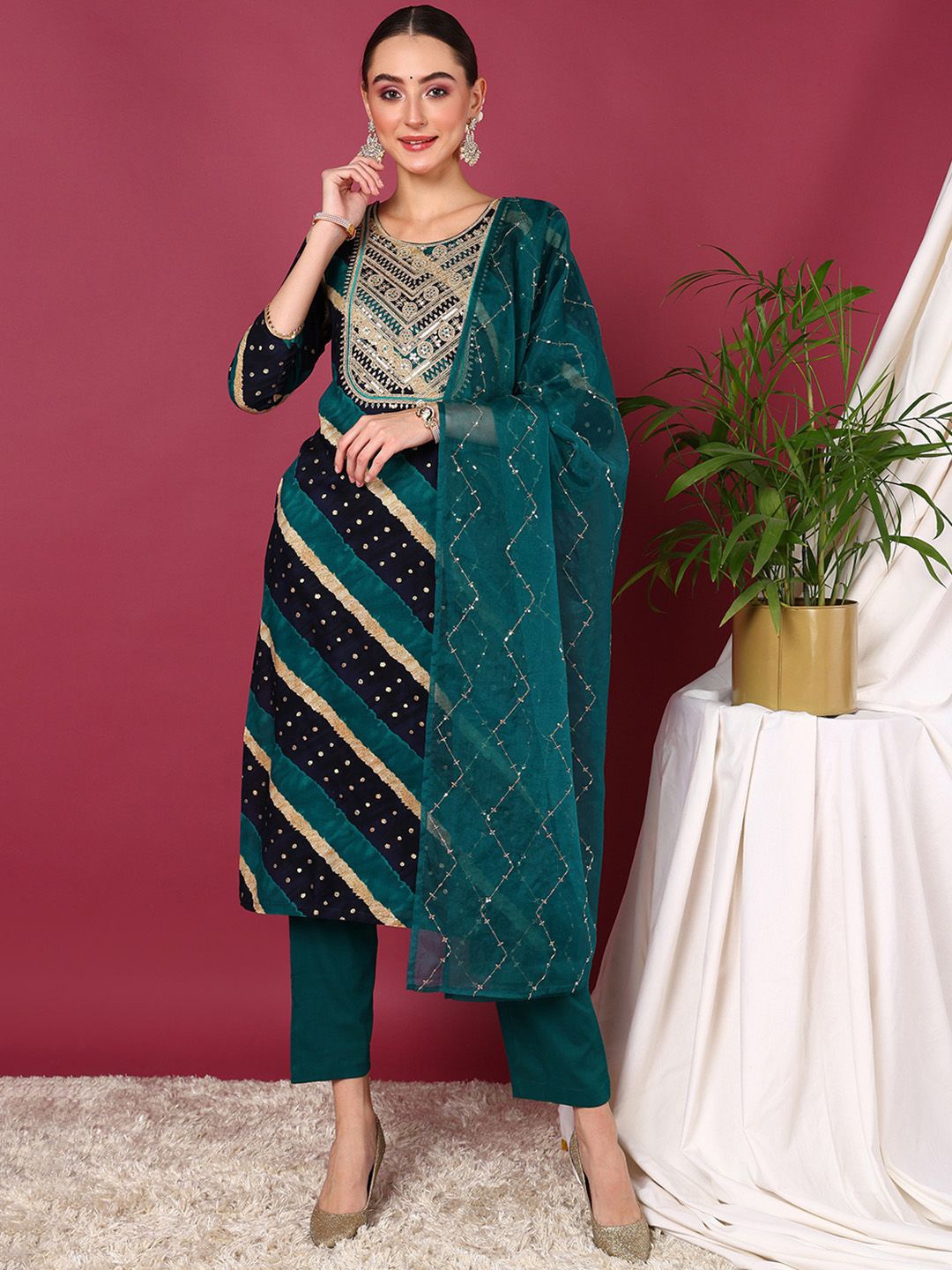 

KALINI Leheriya Printed Regular Sequinned Kurta With Trousers & Dupatta, Navy blue