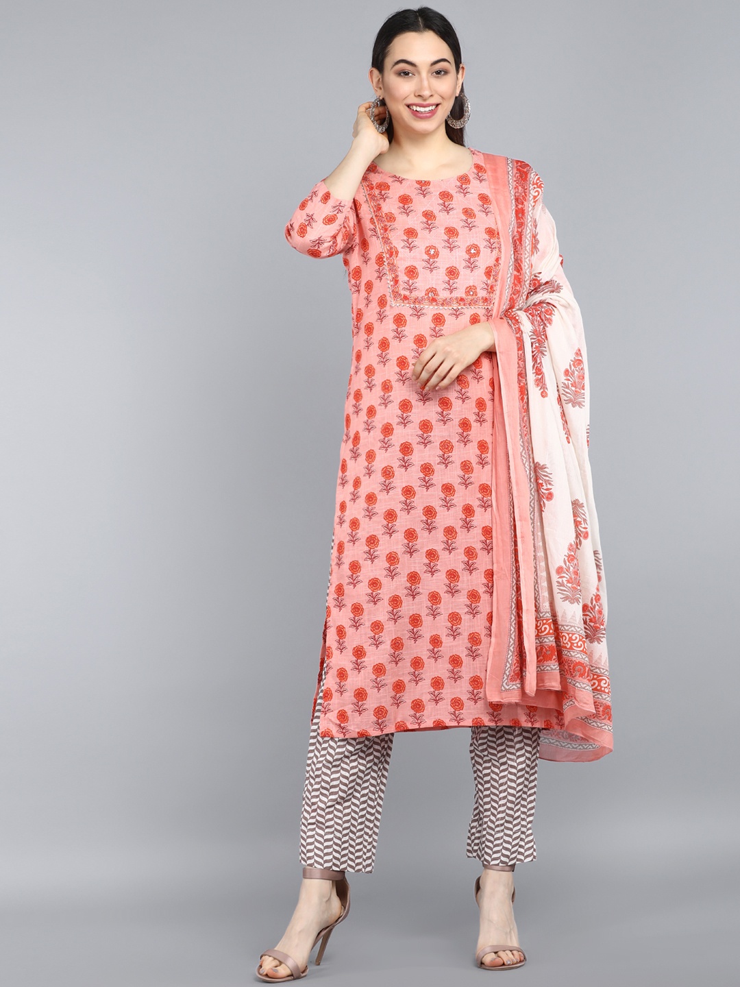 

KALINI Floral Printed Gotta Patti Pure Cotton Straight Kurta with Trousers & With Dupatta, Pink