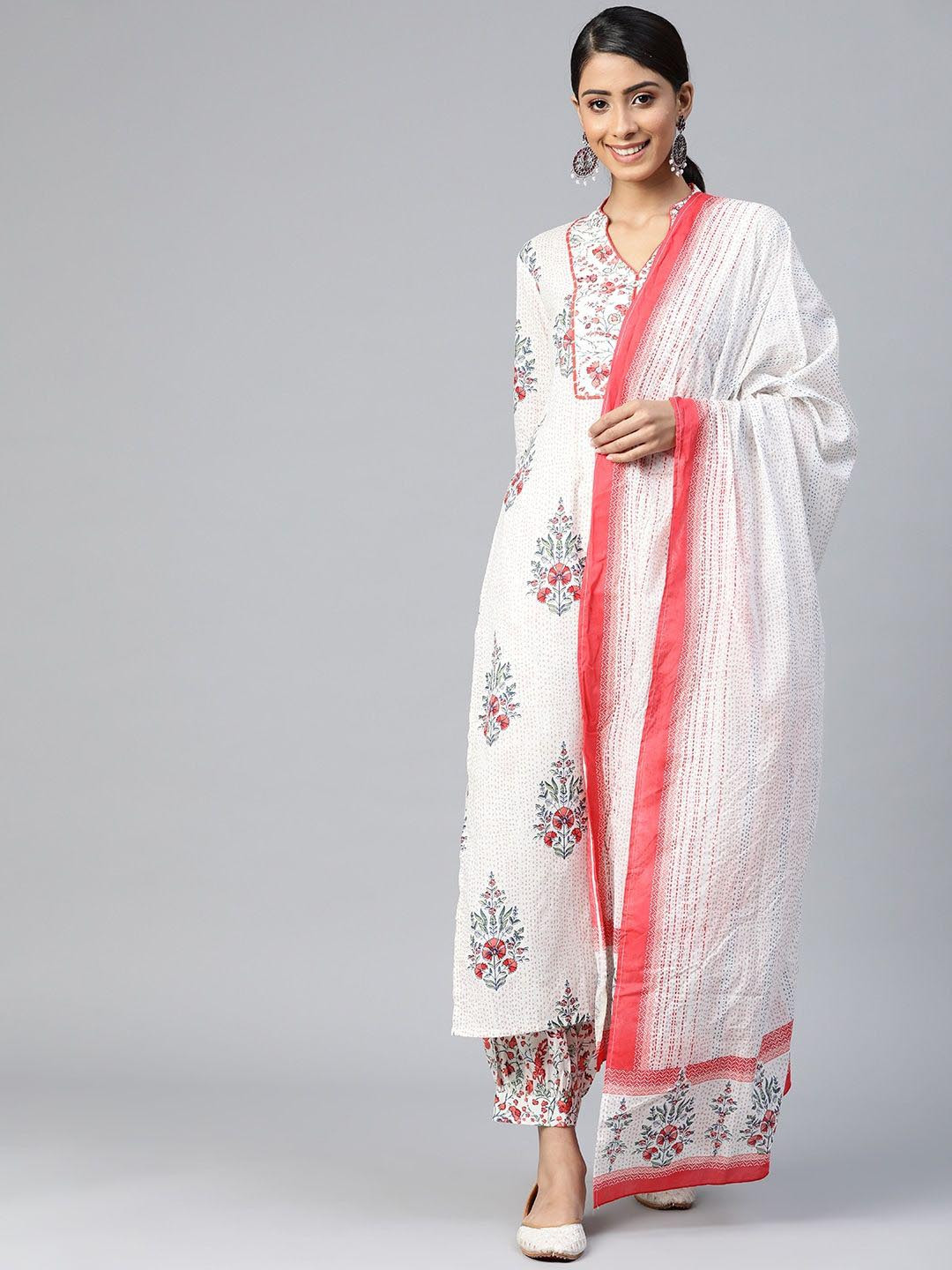 

KALINI Floral Printed Mandarin Collar Regular Pure Cotton Kurta With Salwar & Dupatta, Off white
