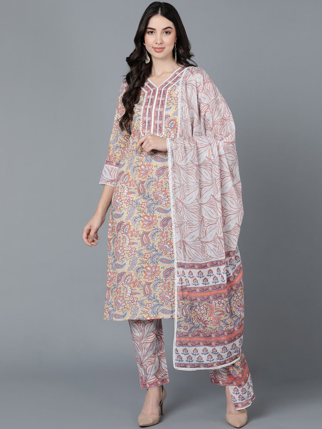 

KALINI Paisley Printed Regular Pure Cotton Kurta With Trousers & Dupatta, Cream