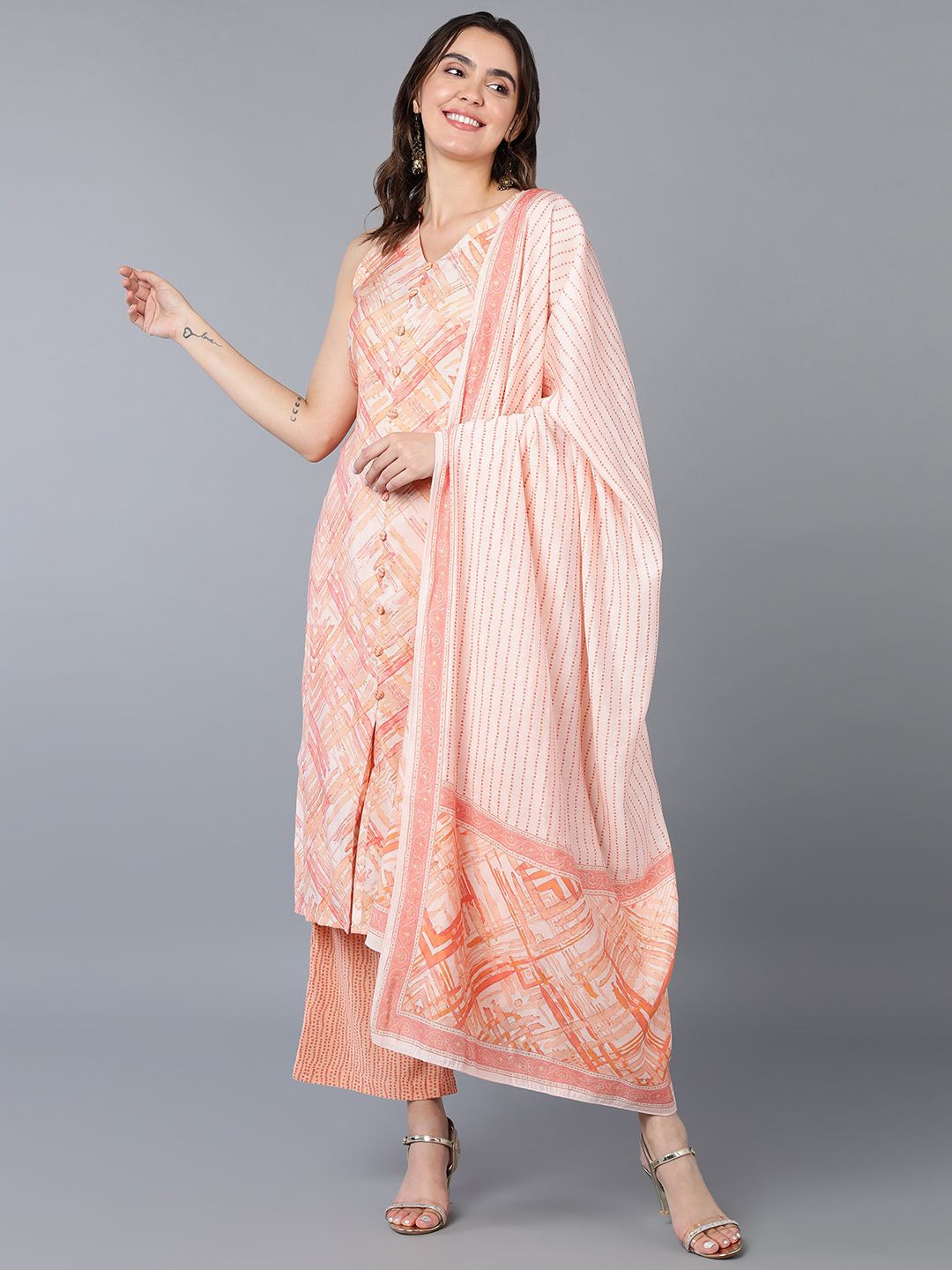 

KALINI Printed V-Neck Regular Kurta with Palazzos & Dupatta, Peach