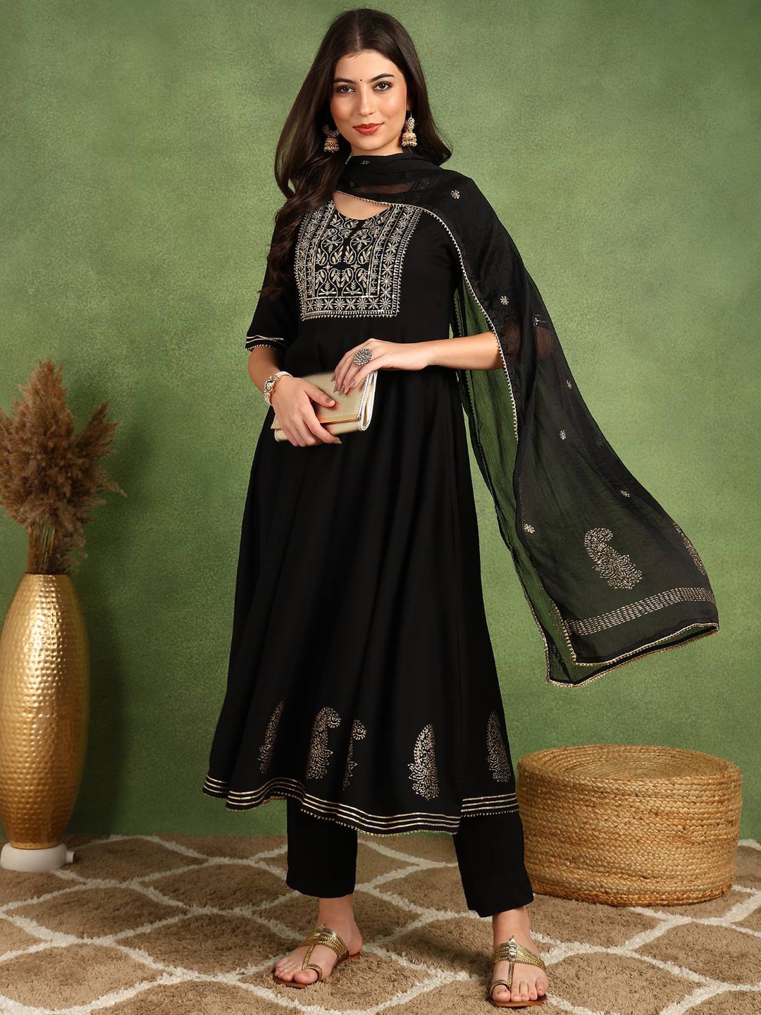 

KALINI Floral Yoke Designed Anarkali Zardozi Kurta with Trousers & Dupatta, Black