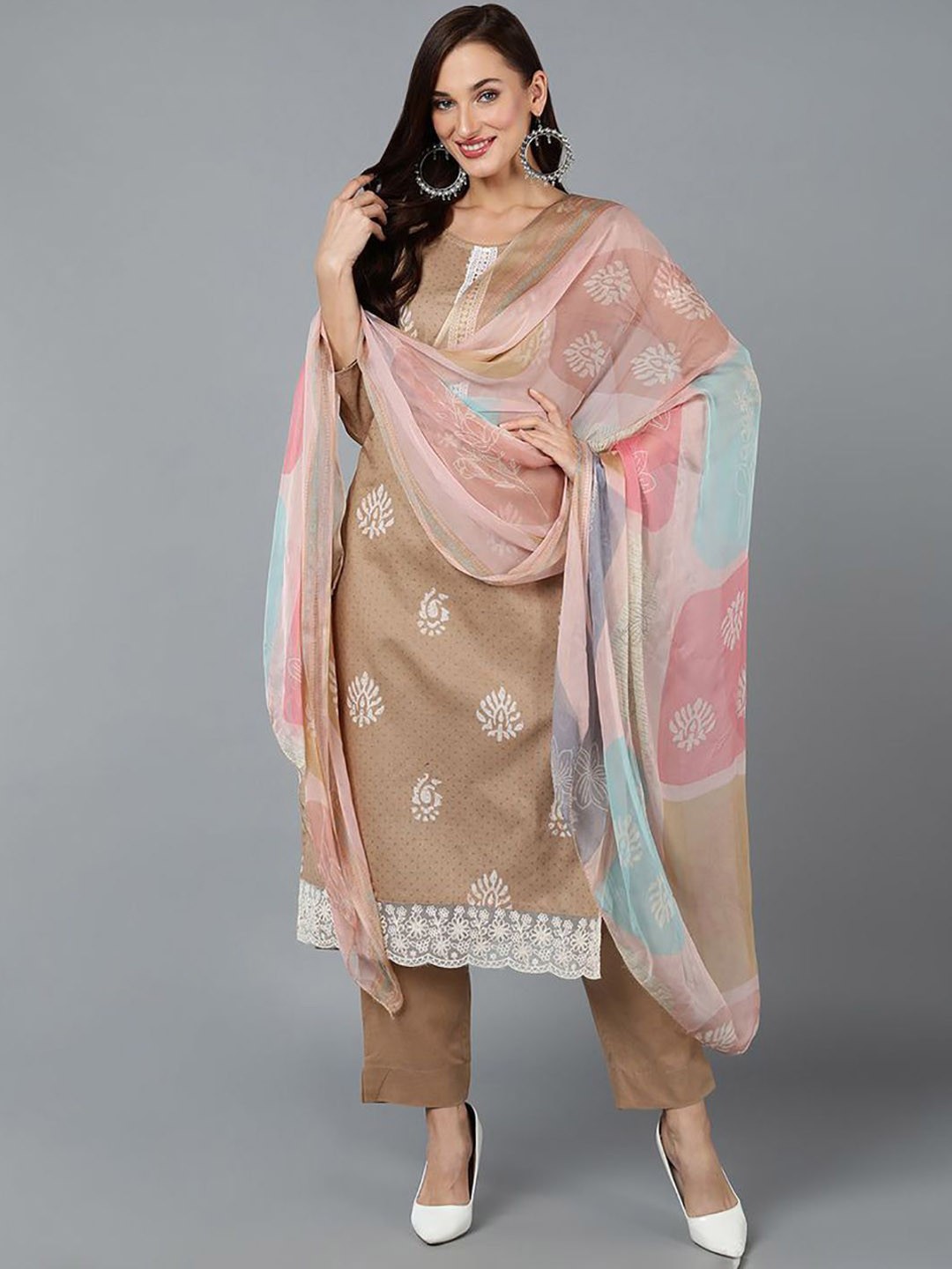 

KALINI Ethnic Motifs Printed Regular Kurta With Trousers & Dupatta, Beige