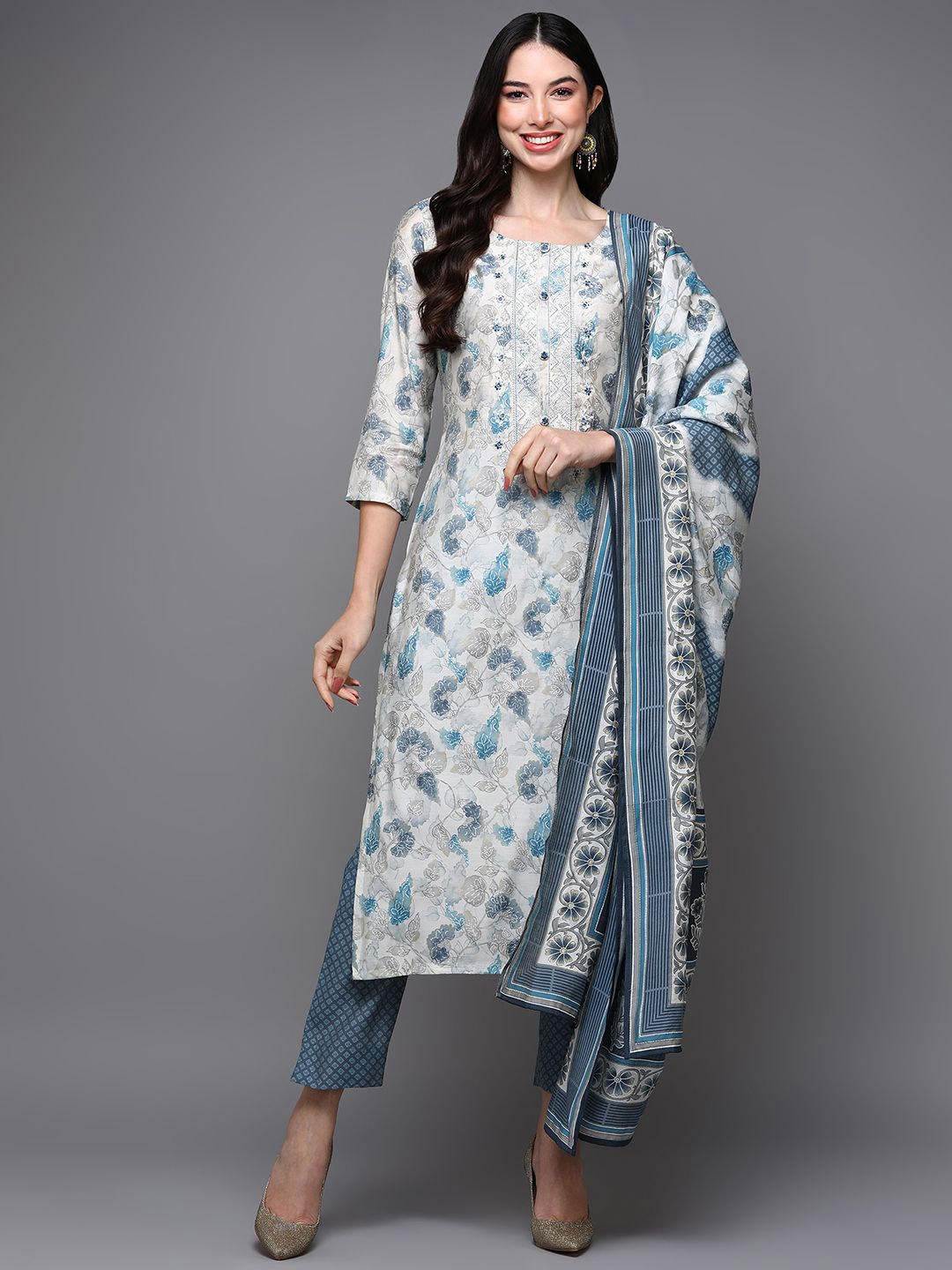 

KALINI Floral Printed Regular Thread Work Kurta With Trousers & Dupatta, White