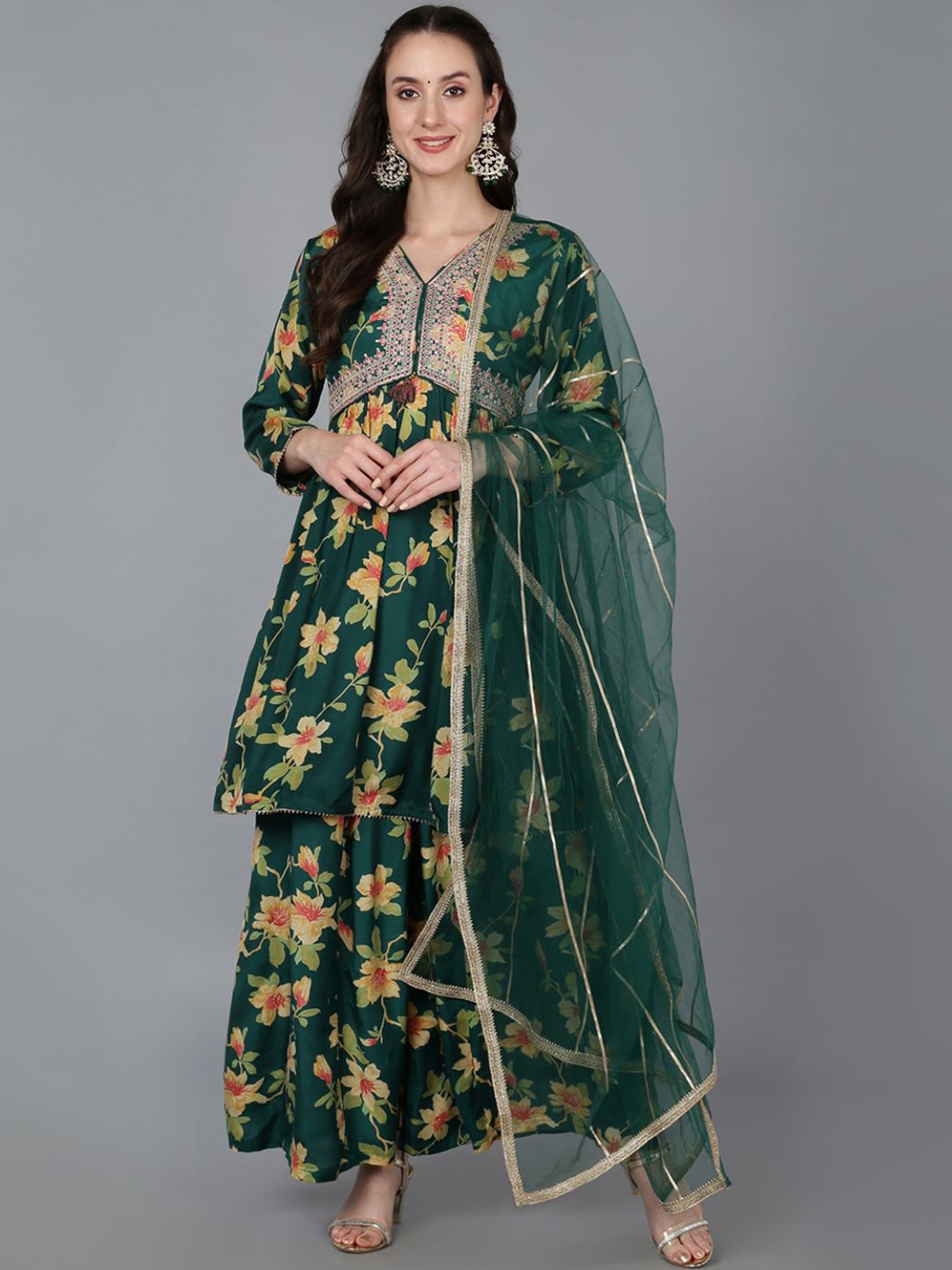 

KALINI Floral Printed Empire Sequinned Chanderi Silk Kurta with Palazzos & Dupatta, Green