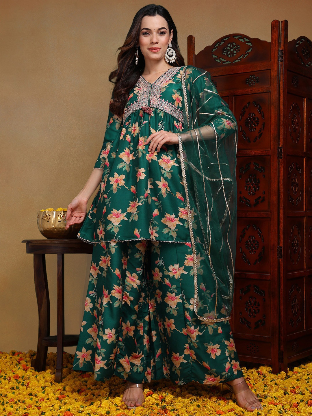 

KALINI Floral Printed Empire Sequinned Chanderi Silk Kurta with Palazzos & Dupatta, Green