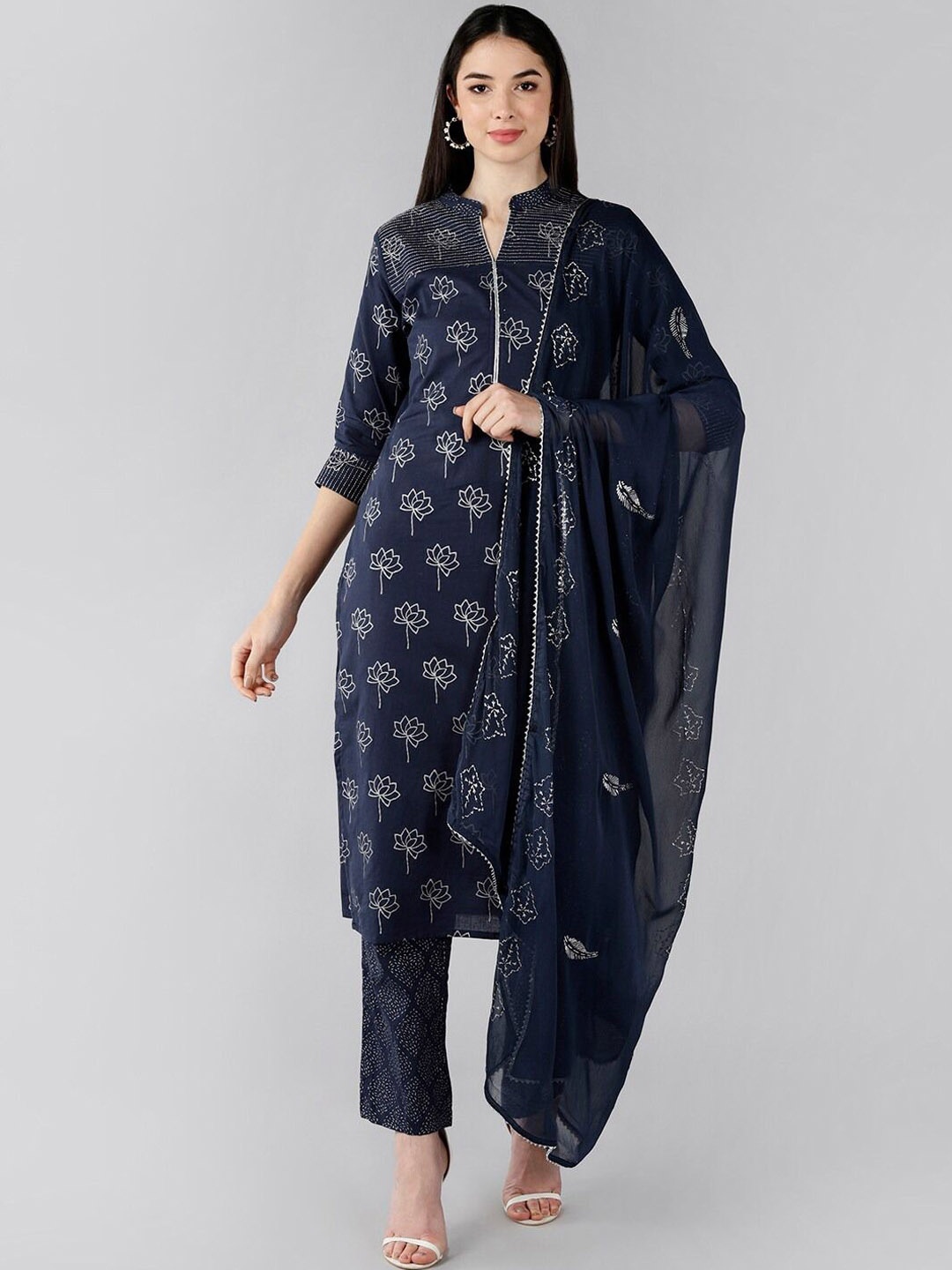 

KALINI Floral Printed Pure Cotton Mandarin Collar Straight Kurta With Trousers & Dupatta, Navy blue