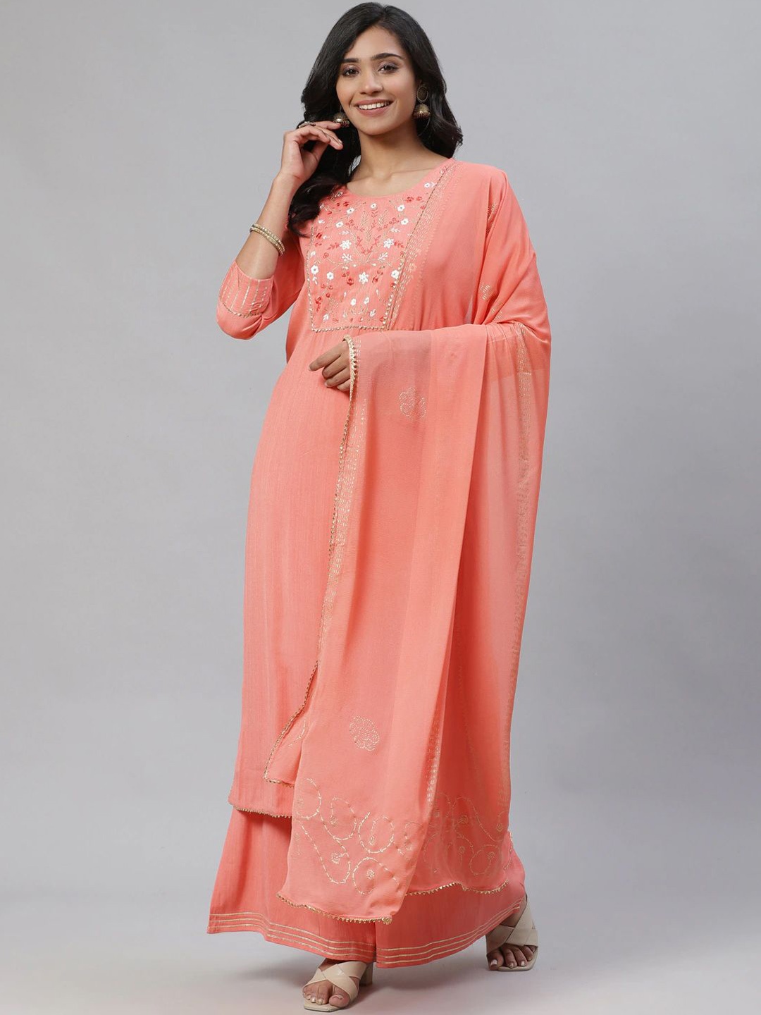 

KALINI Floral Yoke Design Thread Work Pure Cotton Straight Kurta with Palazzos & Dupatta, Peach