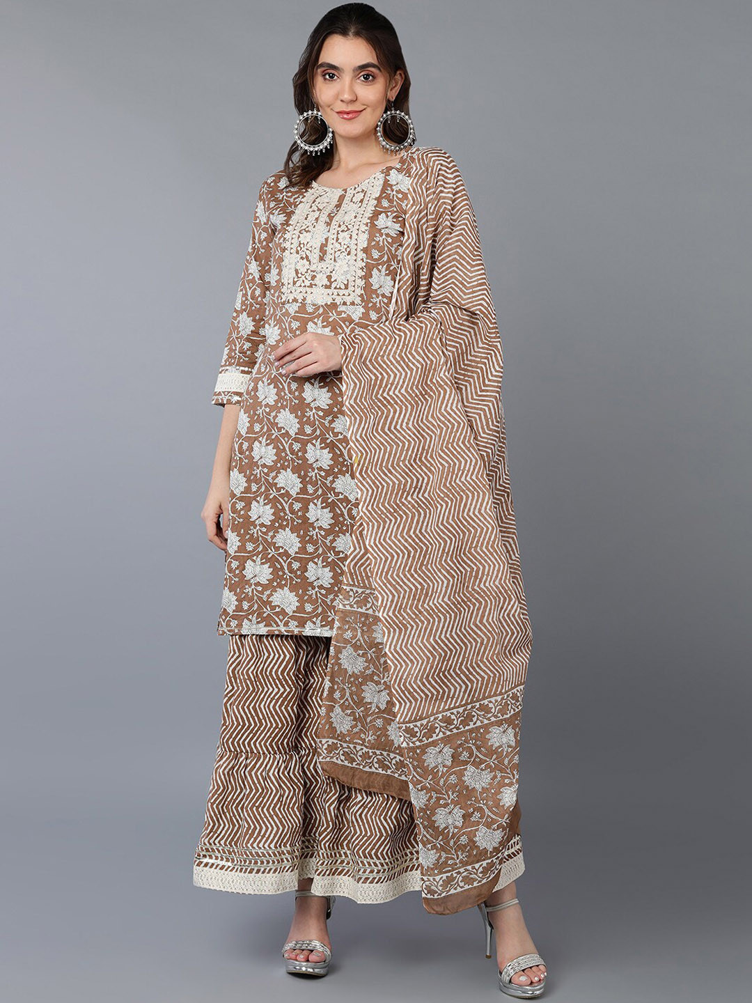 

KALINI Floral Printed Thread Work Pure Cotton Kurta with Sharara & With Dupatta, Beige