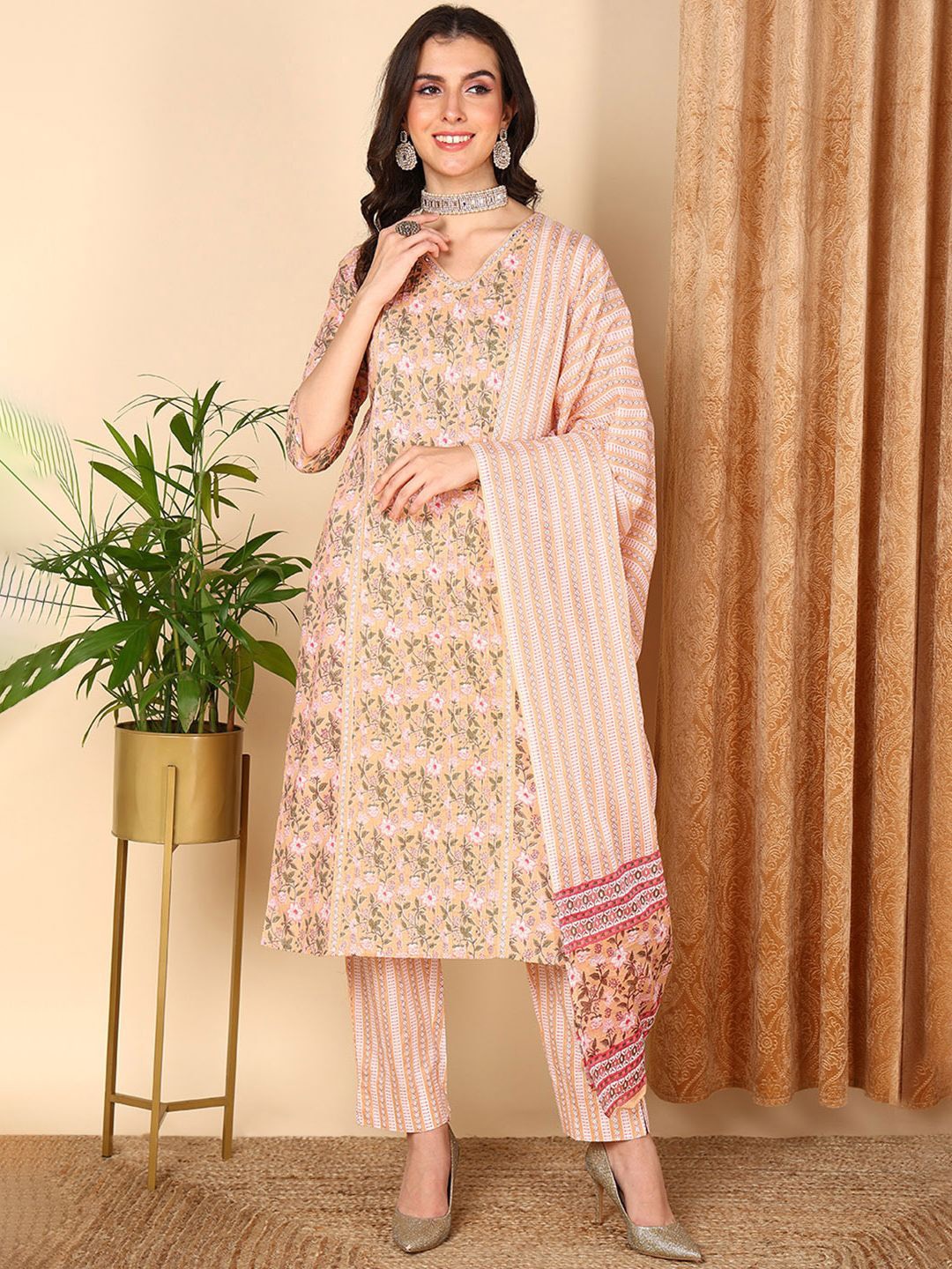 

KALINI Floral Printed Regular Pure Cotton Kurta With Trousers & Dupatta, Peach