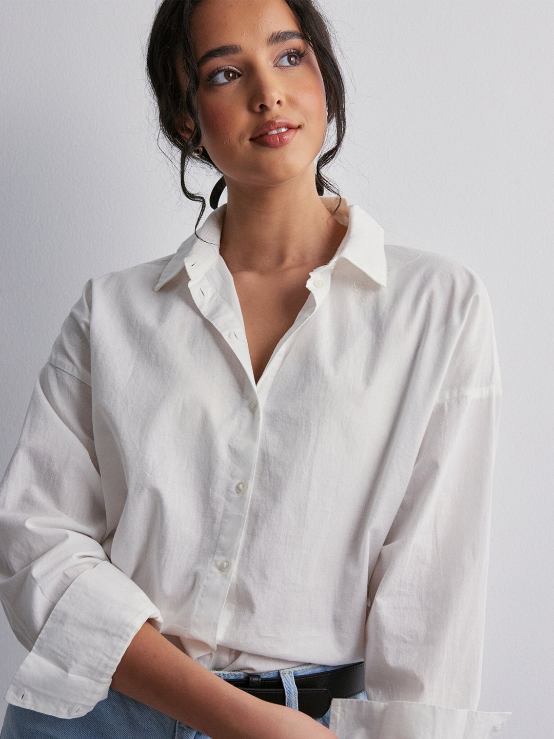 

Fab Star Comfort Boxy Spread Collar Drop-Shoulder Sleeves Cotton Casual Shirt, White