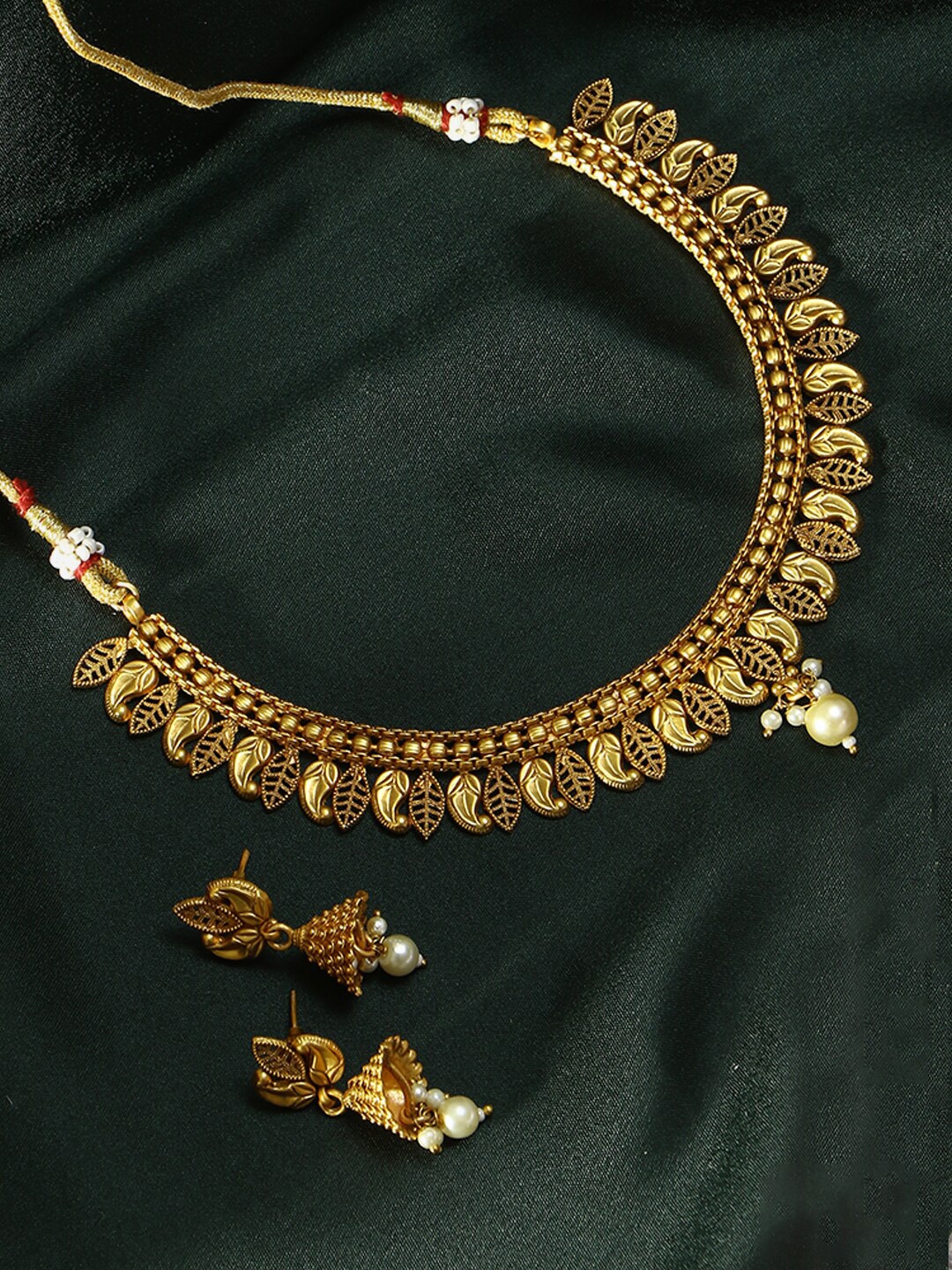 

Adwitiya Collection Gold-Plated Beaded Leaf Design Jewellery Set
