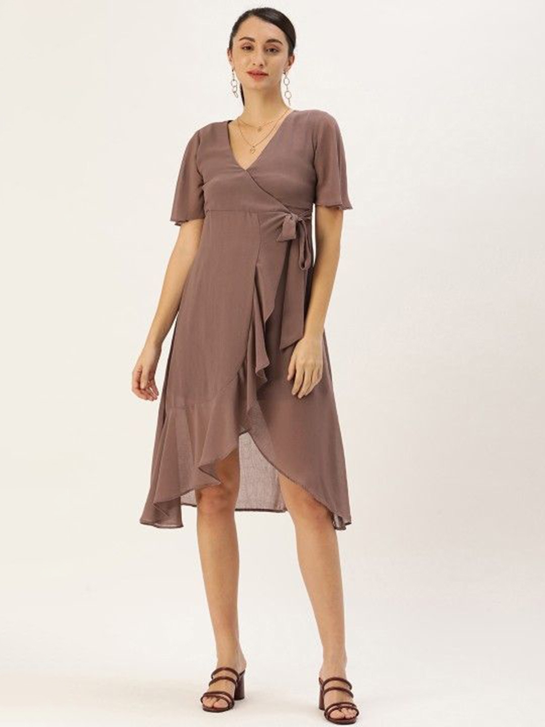 

MELOSO Ruffled Georgette Tulip Wrap Dress with frill & knot details, Brown