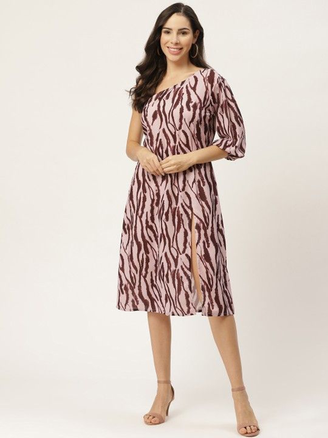 

MELOSO Printed One Shoulder Fit & Flare Midi Dress, Pink