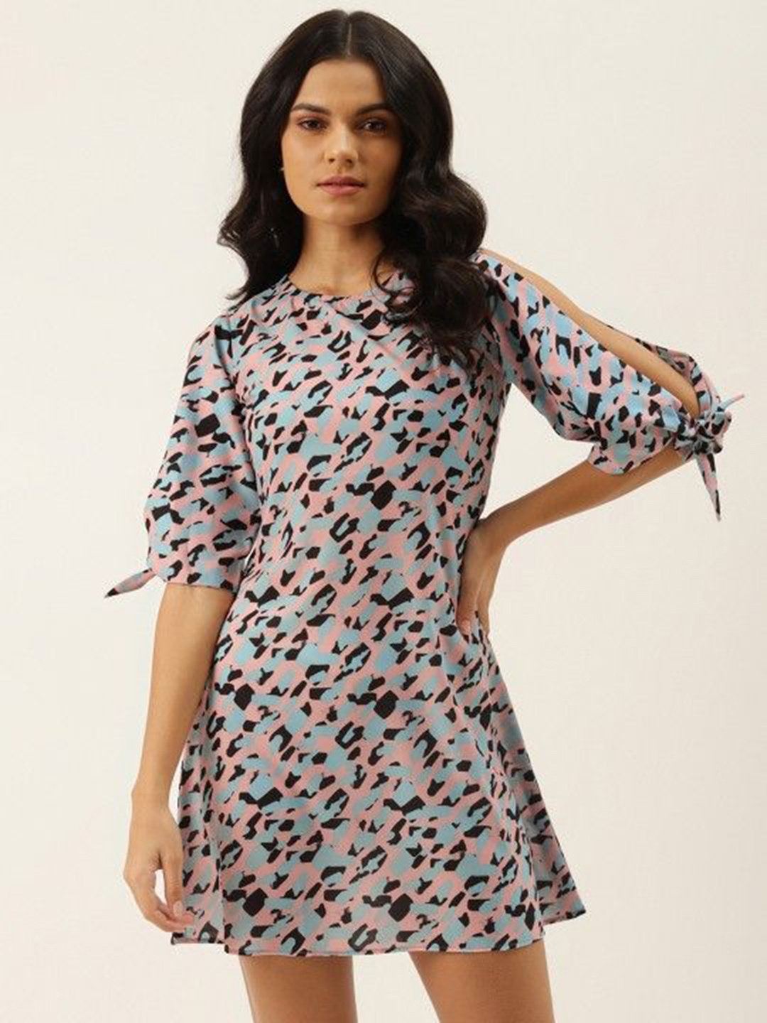 

MELOSO Floral Printed Tie-Ups Slit Sleeves Fit & Flare Dress, Pink