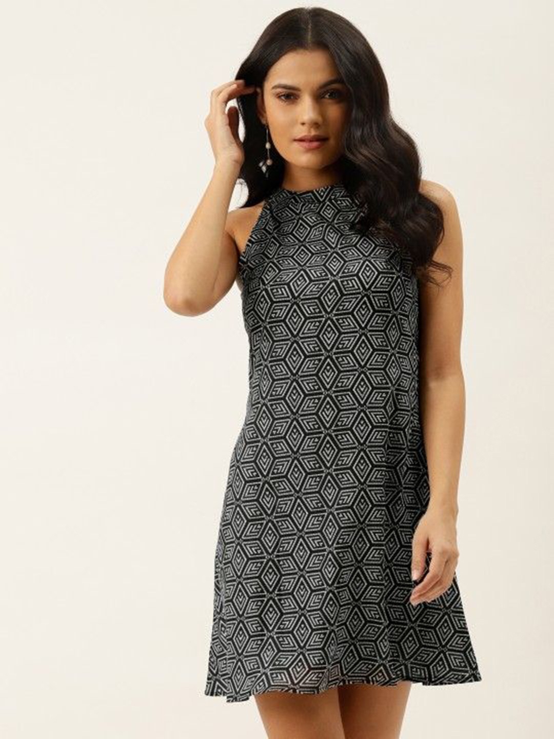 

MELOSO Geometrical Printed A-Line Dress, Black