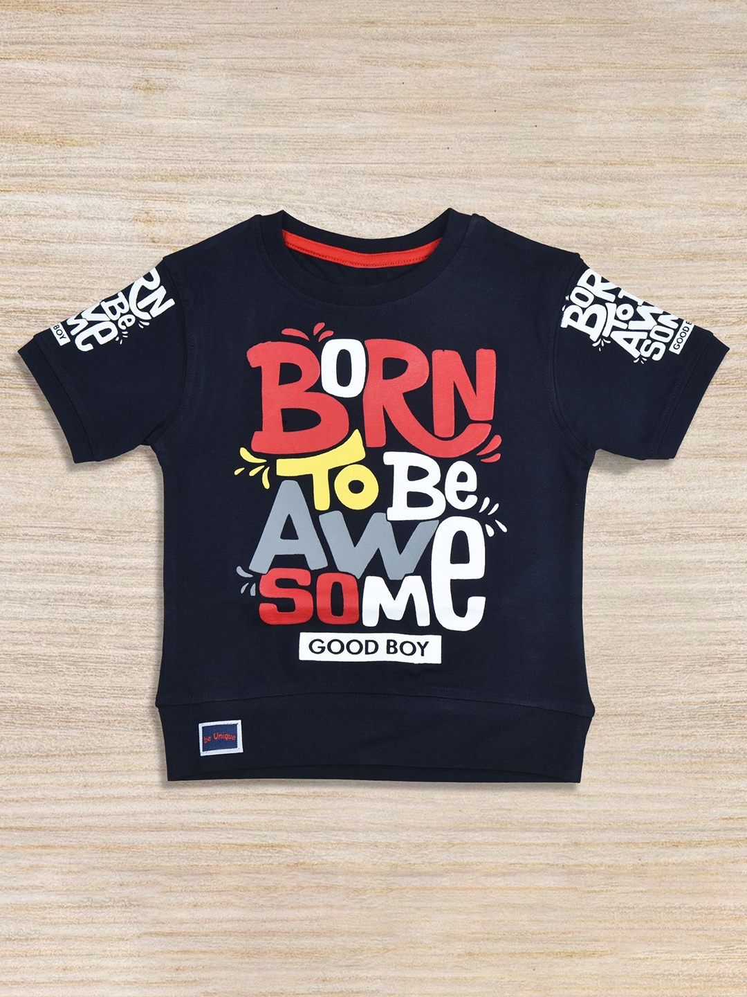 

BAESD Boys Typography Printed Pure Cotton T-shirt, Navy blue