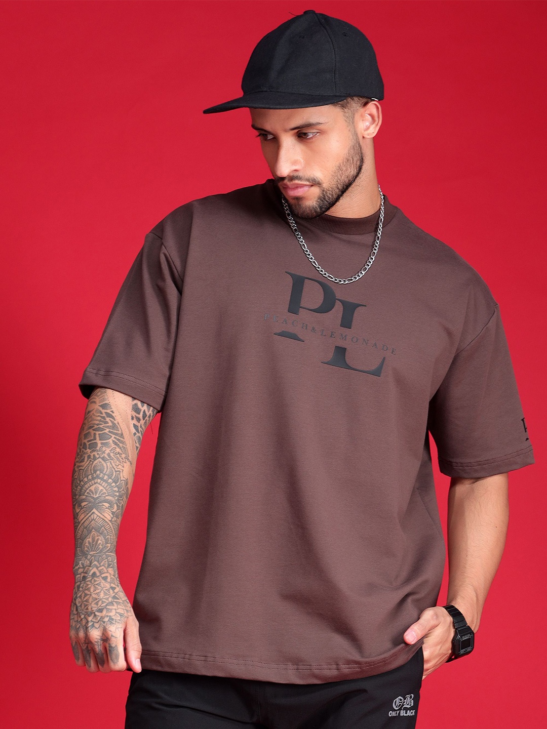 

Peach & Lemonade Brand Logo Printed Round Neck Cotton Oversized T-shirt, Brown