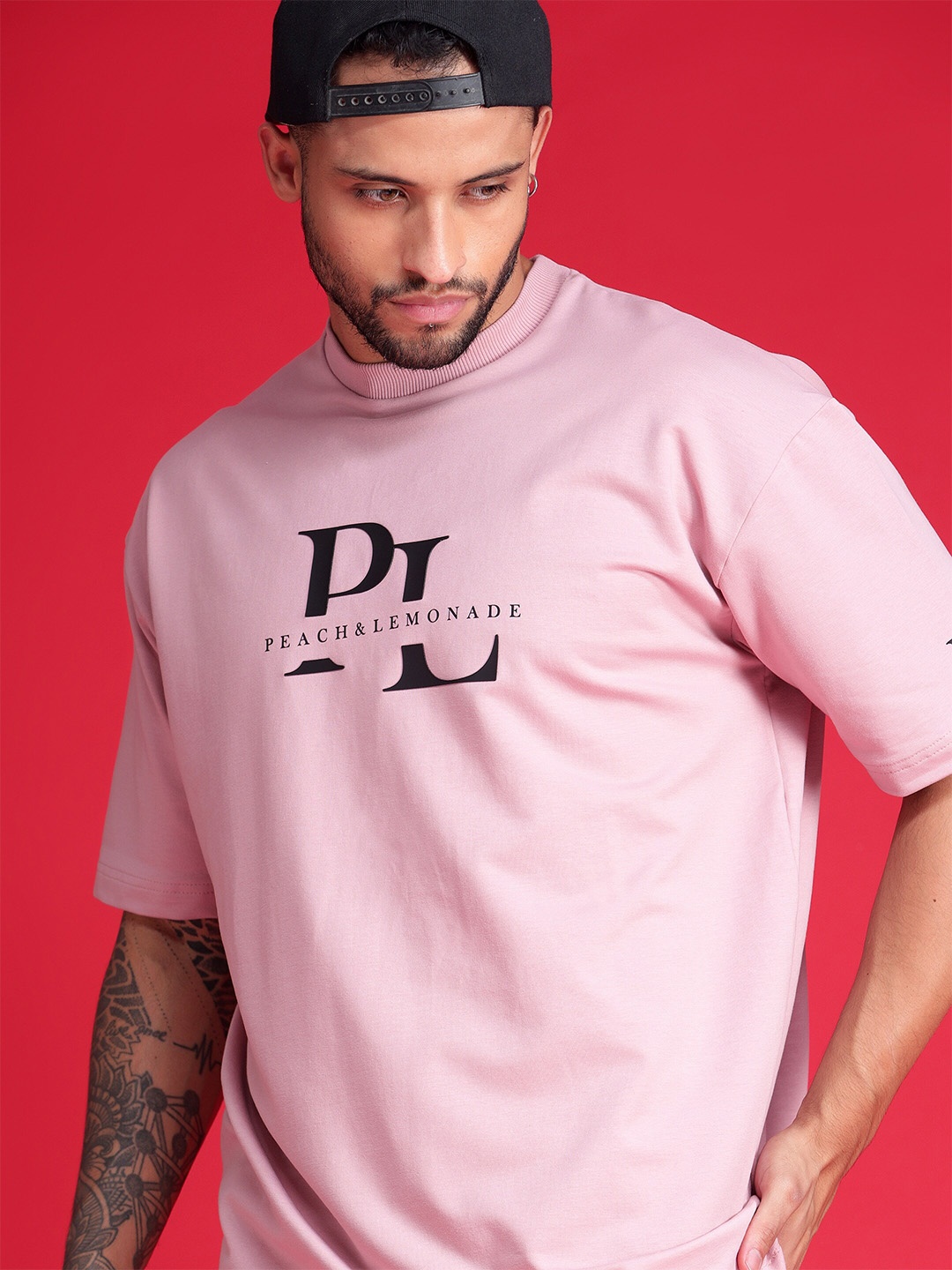

Peach & Lemonade Brand Logo Printed Round Neck Cotton Oversized T-shirt, Pink