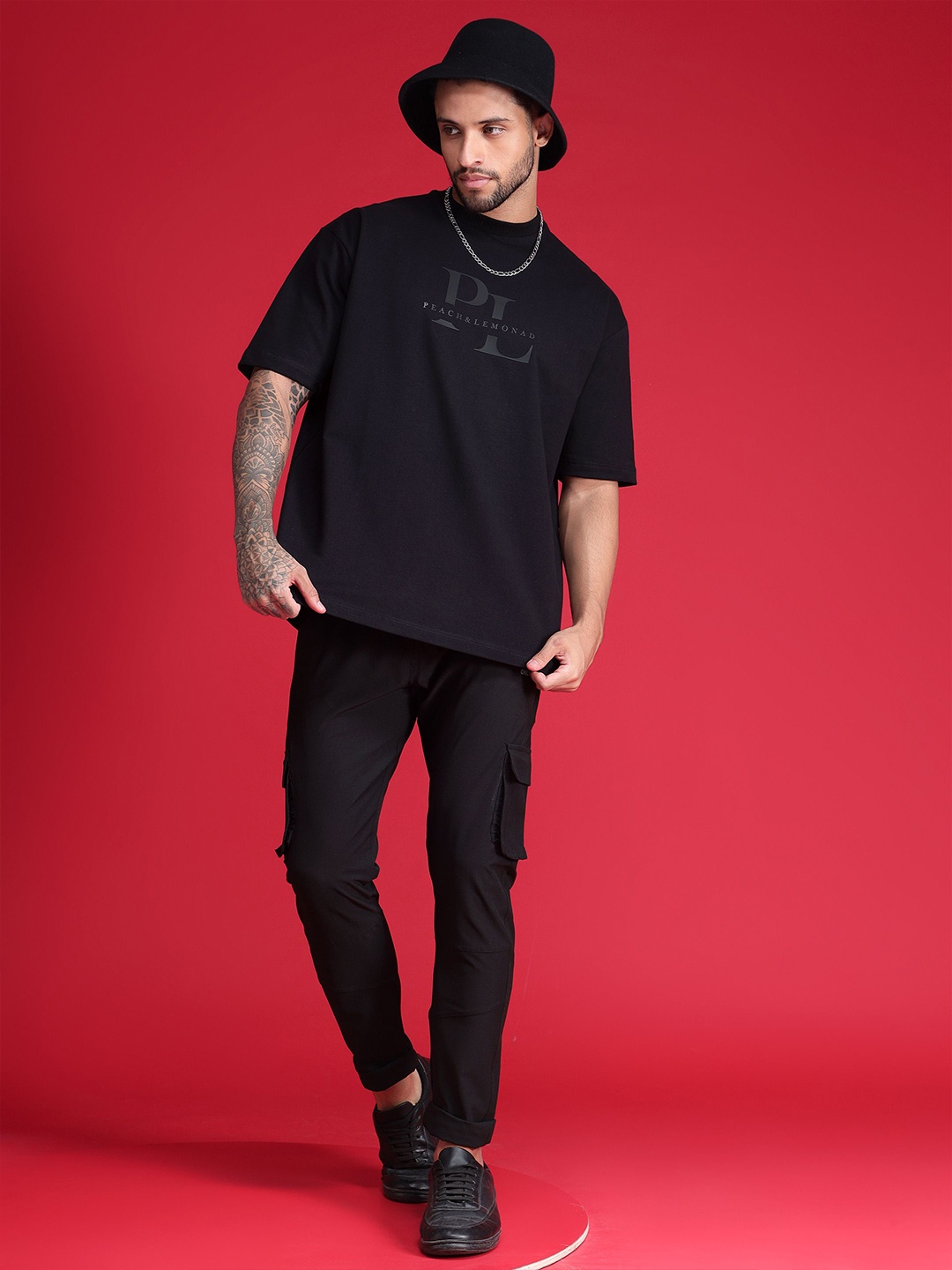 

Peach & Lemonade Brand Logo Printed Round Neck Cotton Oversized T-shirt, Black