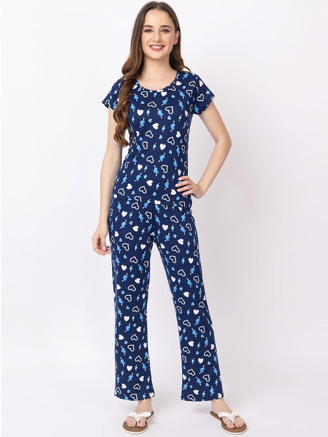 

KEIKO Geometric Printed Round Neck Night Suit, Navy blue