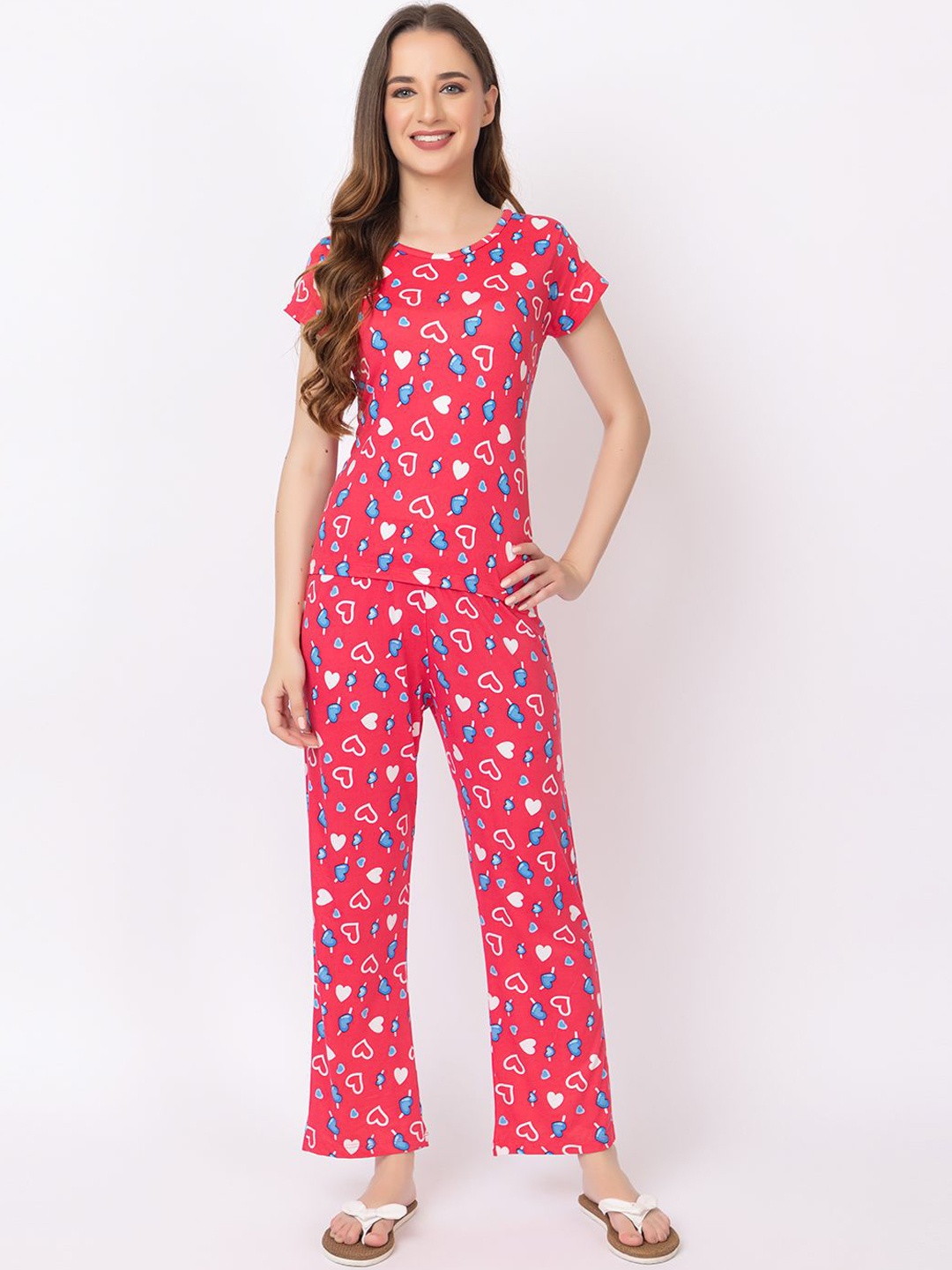

KEIKO Geometric Printed Round Neck Night Suit, Pink