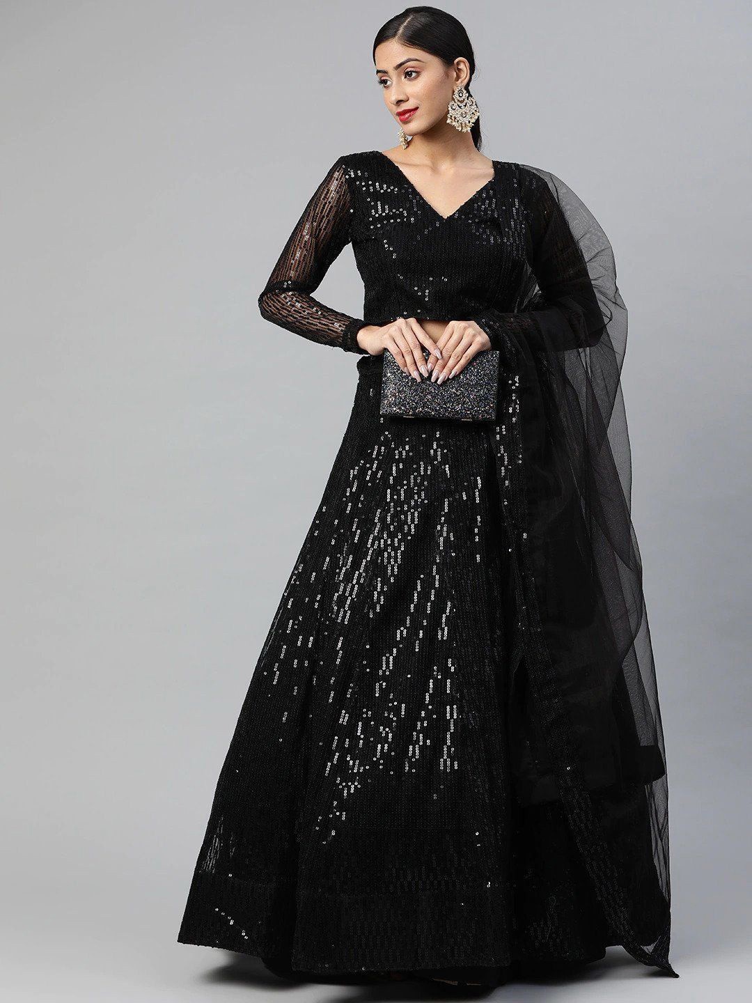 

Trendmalls Embroidered Sequinned Semi-Stitched Lehenga & Unstitched Blouse With Dupatta, Black