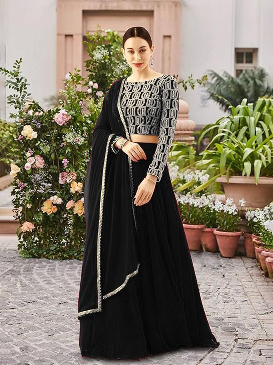 

Trendmalls Embroidered Sequinned Semi-Stitched Lehenga & Unstitched Blouse With Dupatta, Black