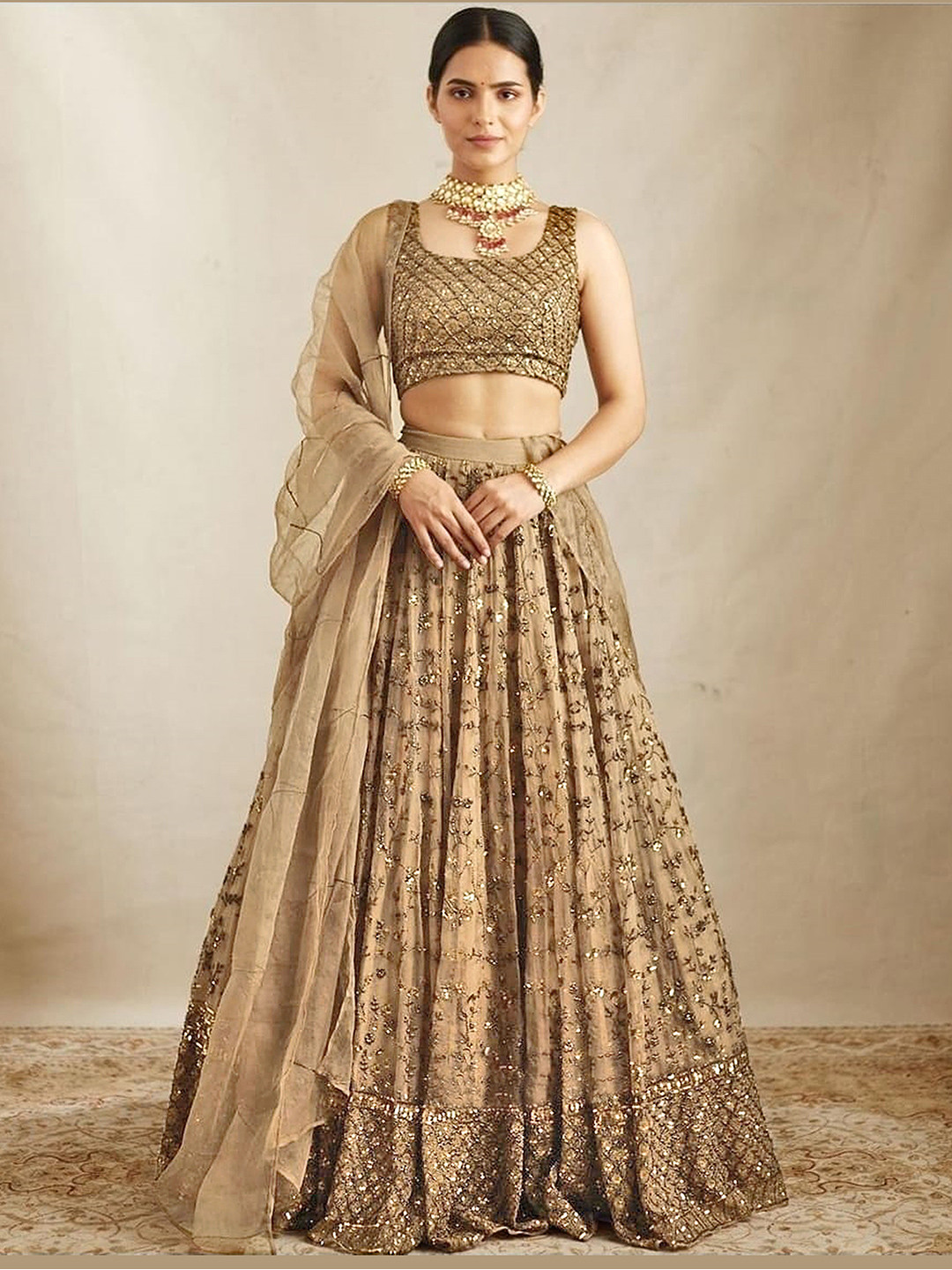 

Trendmalls Embroidered Sequinned Semi-Stitched Lehenga & Unstitched Blouse With Dupatta, Gold