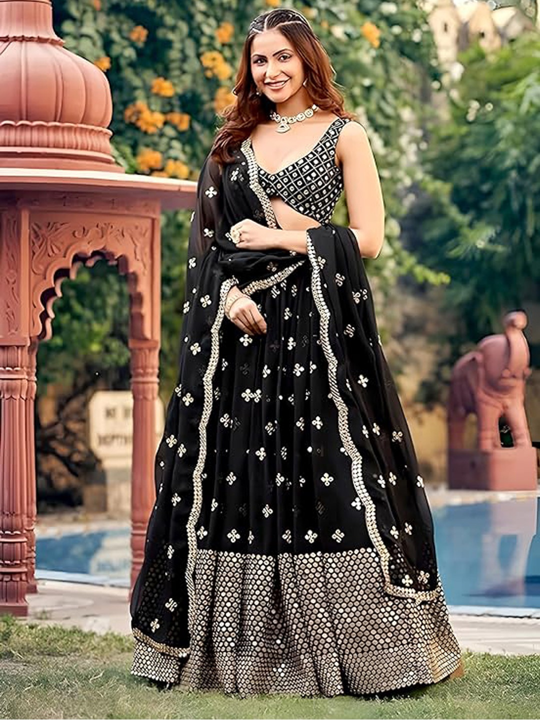 

Trendmalls Embroidered Sequinned Semi-Stitched Lehenga & Unstitched Blouse With Dupatta, Black