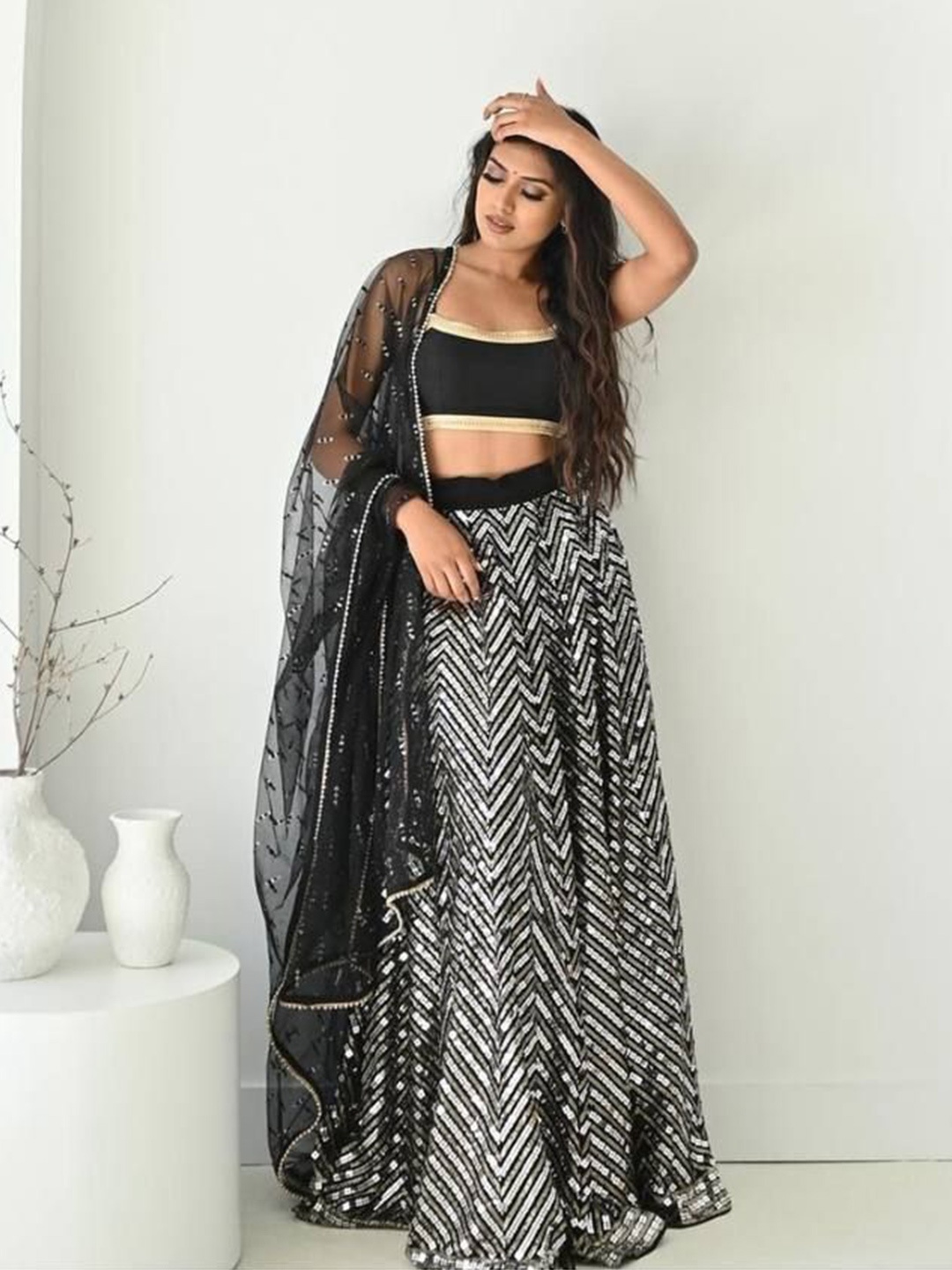 

Trendmalls Embroidered Sequinned Semi-Stitched Lehenga & Unstitched Blouse With Dupatta, Black