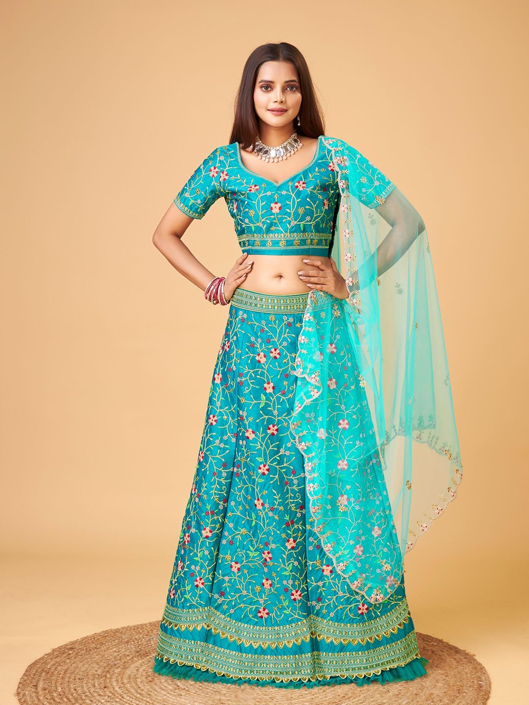 

Trendmalls Beads and Stones Semi-Stitched Lehenga & Unstitched Blouse With Dupatta, Turquoise blue