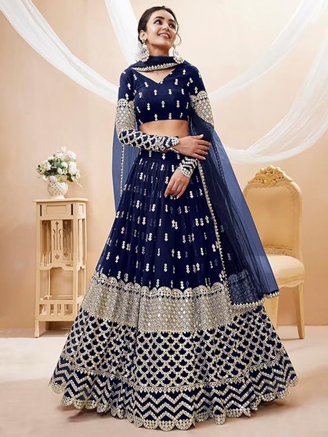 

Trendmalls Embroidered Sequinned Semi-Stitched Lehenga & Unstitched Blouse With Dupatta, Navy blue