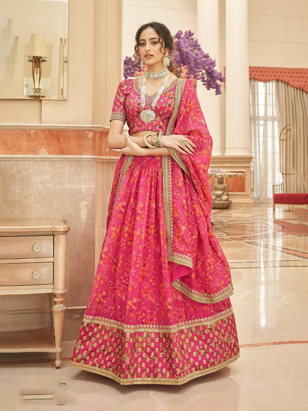 

Trendmalls Embroidered Sequinned Semi-Stitched Lehenga & Unstitched Blouse With Dupatta, Pink