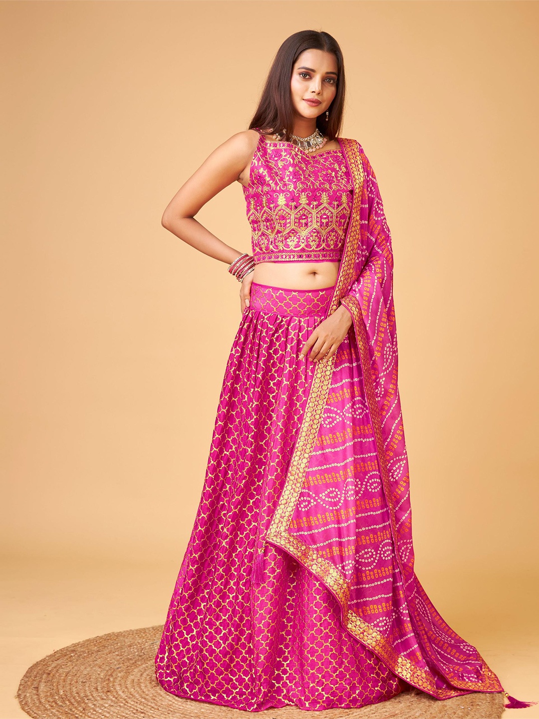 

Trendmalls Embroidered Sequinned Semi-Stitched Lehenga & Unstitched Blouse With Dupatta, Pink