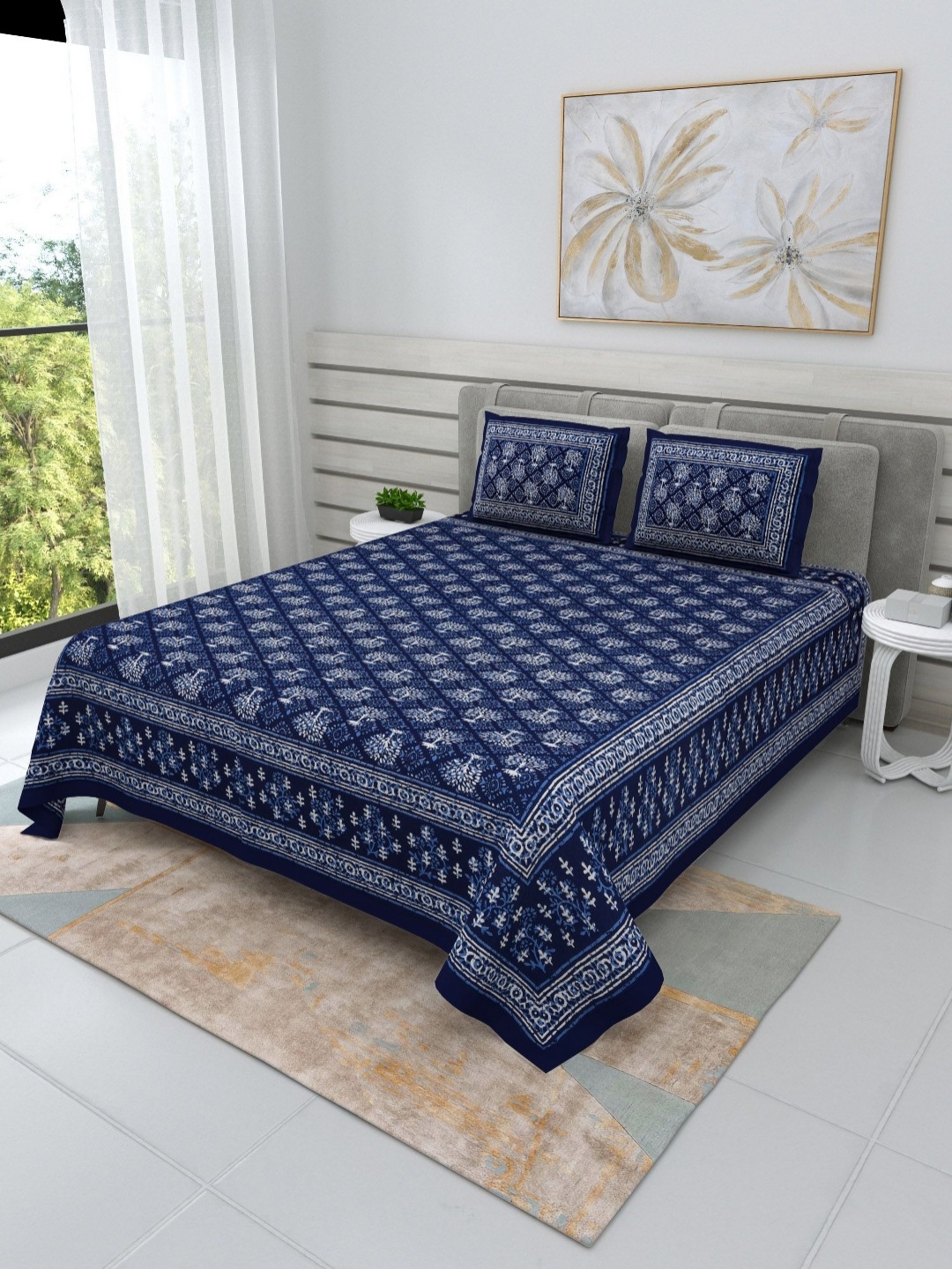 

SHOOLIN Blue & White Floral Printed 144 TC King Bedsheet with 2 Pillow Covers